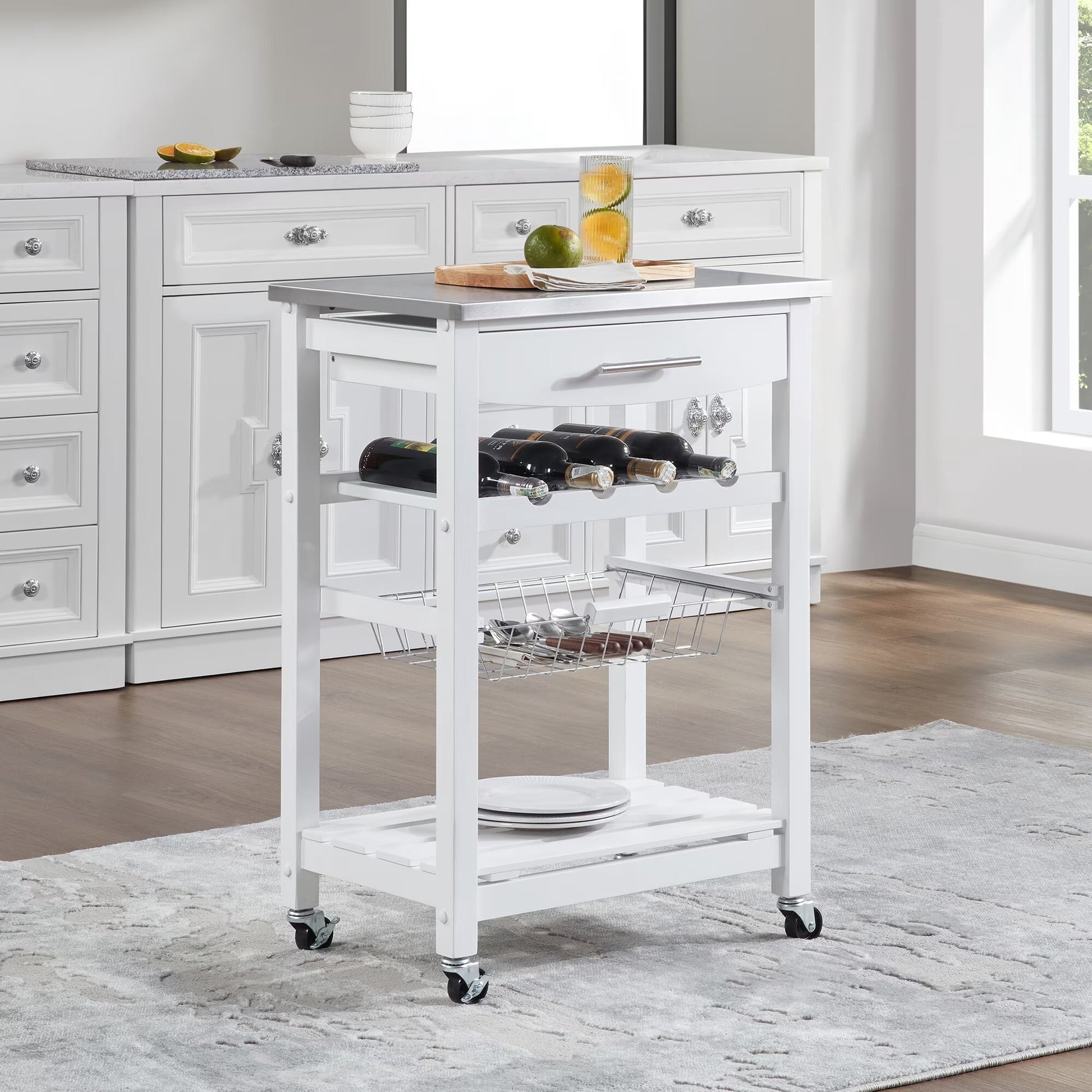 Avobird Kitchen Island Cart, Mobile Kitchen Cart with 22inch Stainless Steel Countertop/Underneath Drawer/Slide-Out Wire Storage Basket, White