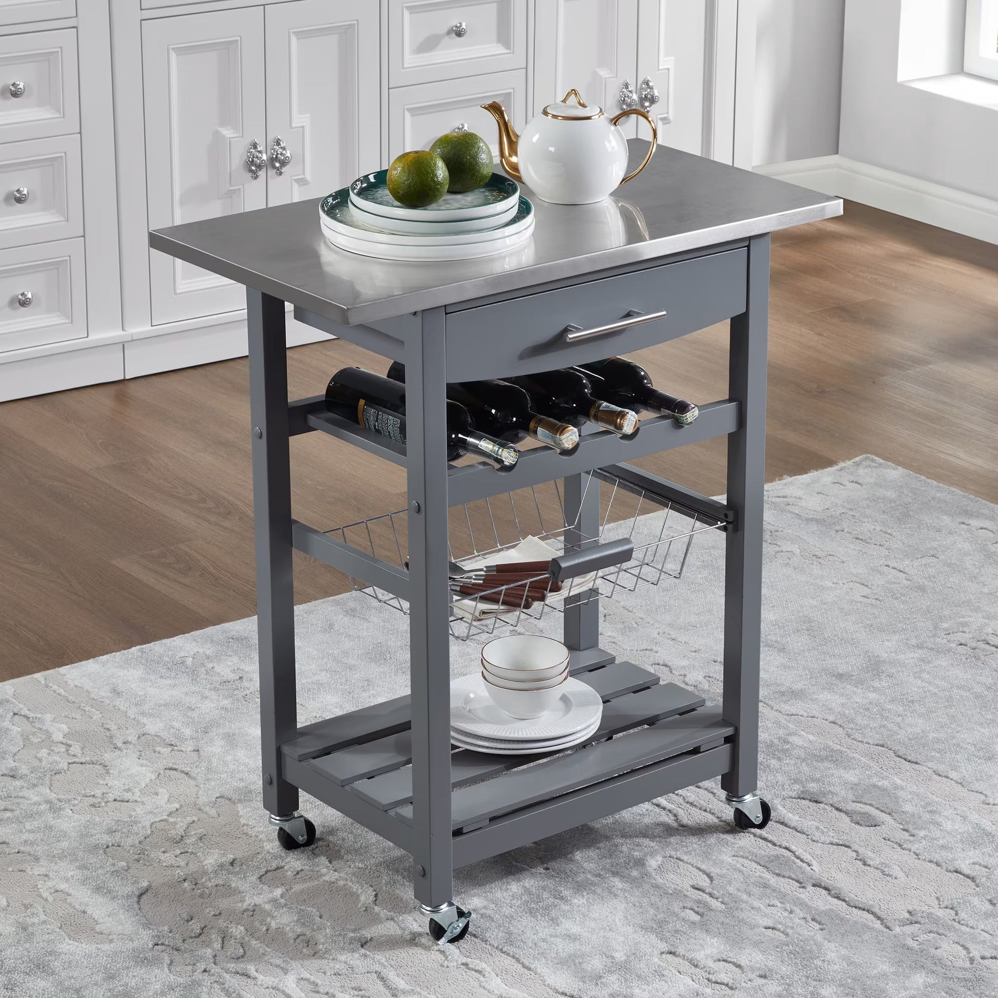 Avobird Kitchen Island Cart, Mobile Kitchen Cart with 30inch Stainless Steel Countertop/Underneath Drawer/Slide-Out Wire Storage Basket, Gray