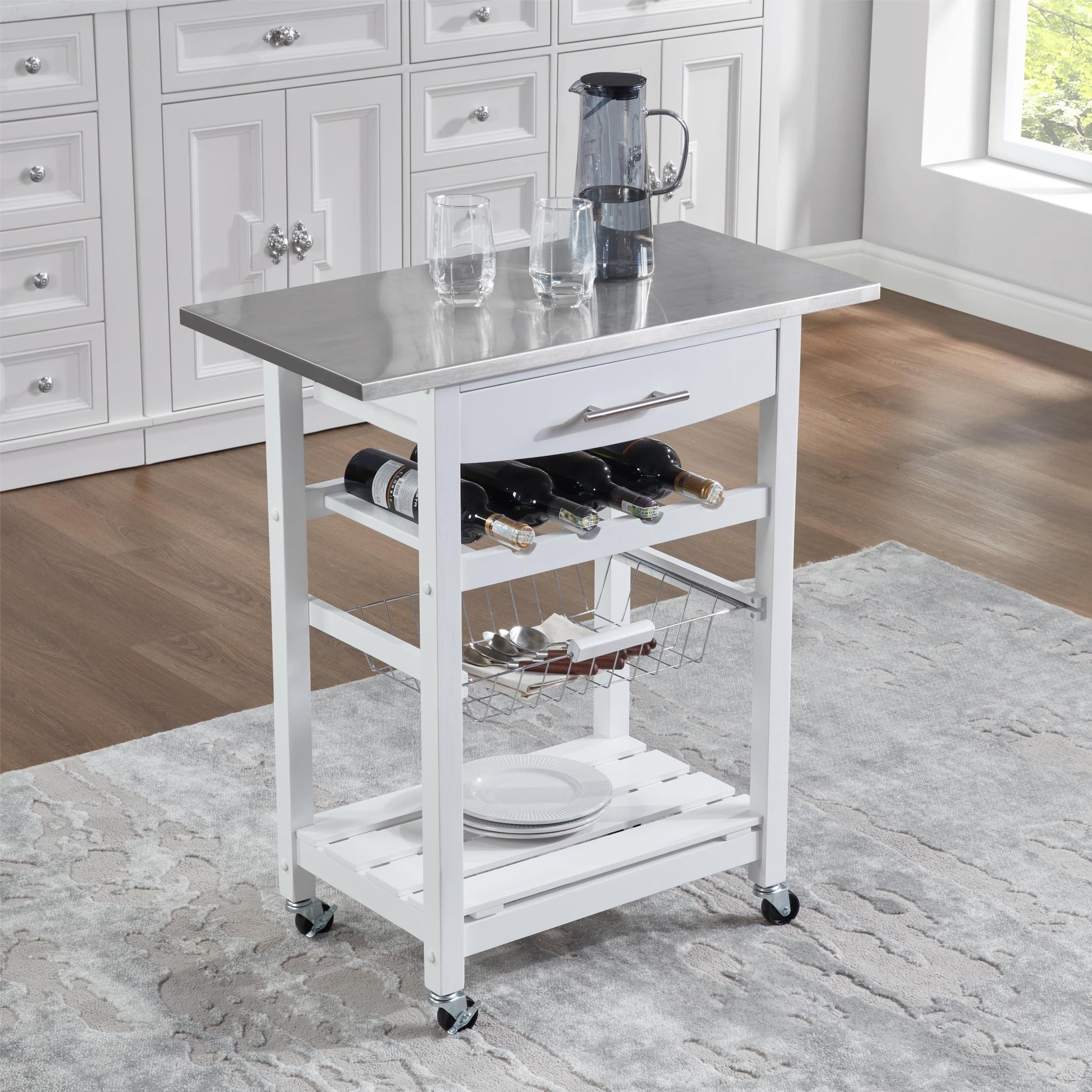 Avobird Kitchen Island Cart, Mobile Kitchen Cart with 30inch Stainless Steel Countertop/Underneath Drawer/Slide-Out Wire Storage Basket, White