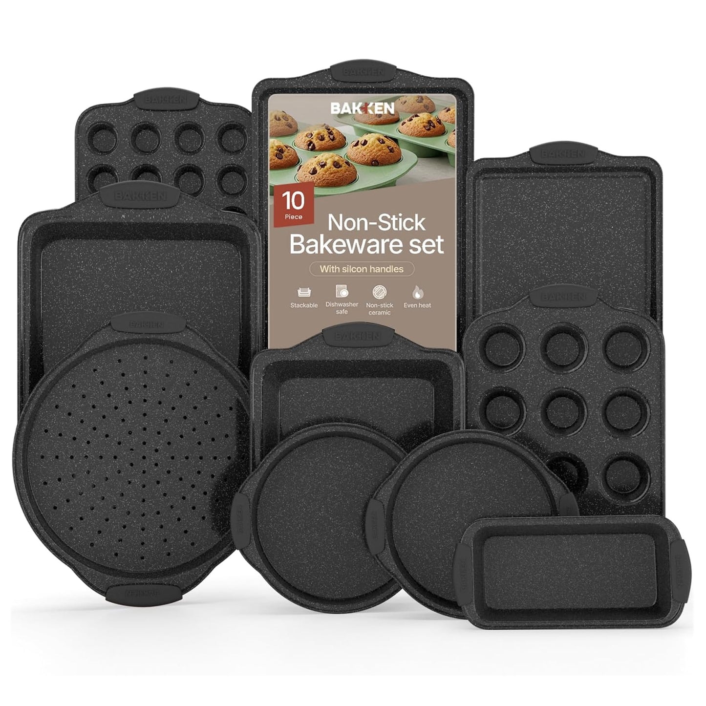 Bakken- Swiss Kitchen Baking Pan Set - Nonstick Coating, Carbon Steel Bakeware Sets with Gray Silicone Handles, Baking Kitchen Essentials, Oven Safe Tray (Up To 450Â° F), Set of 10
