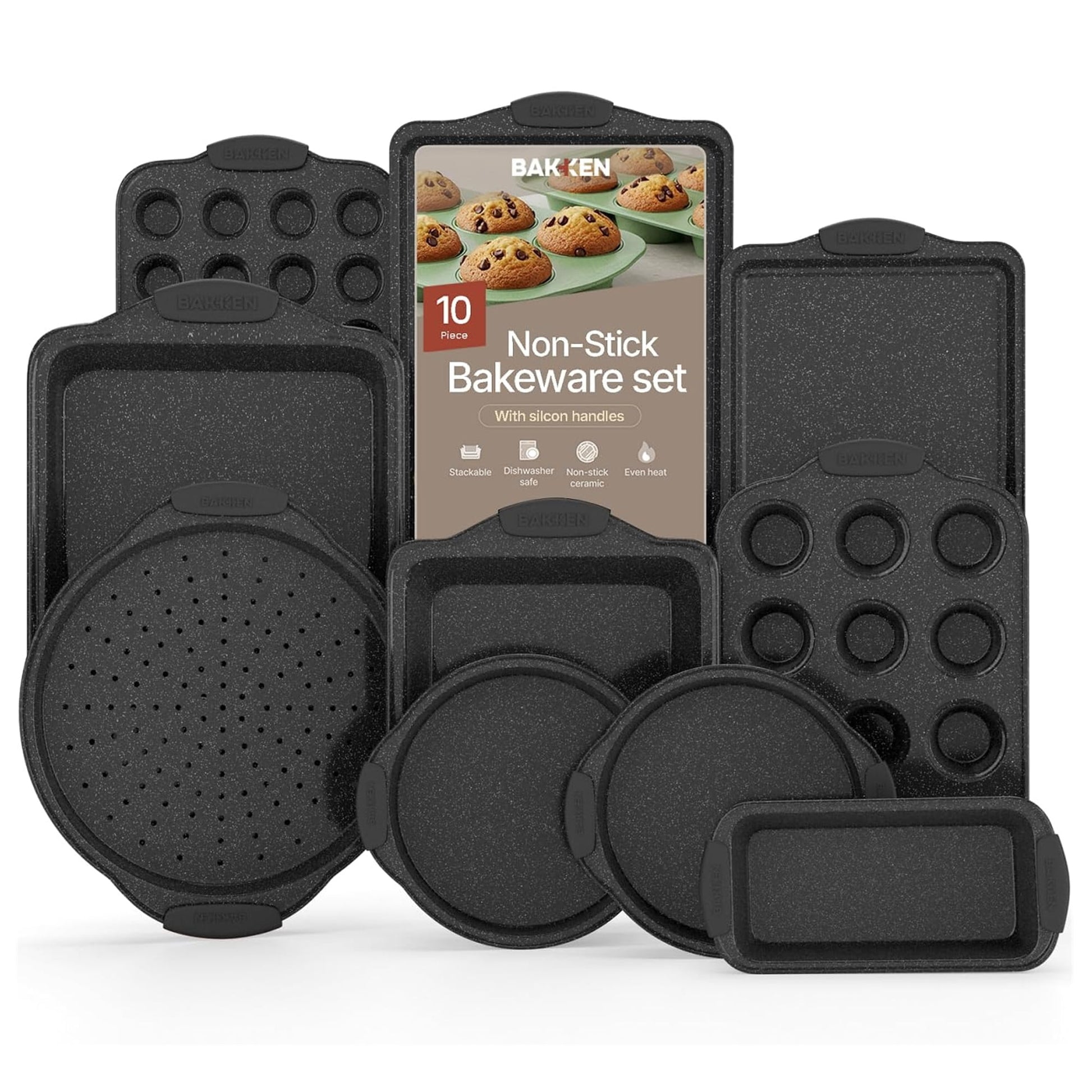 Bakken- Swiss Kitchen Baking Pan Set - Nonstick Coating, Carbon Steel Bakeware Sets with Gray Silicone Handles, Baking Kitchen Essentials, Oven Safe Tray (Up To 450Â° F), Set of 10