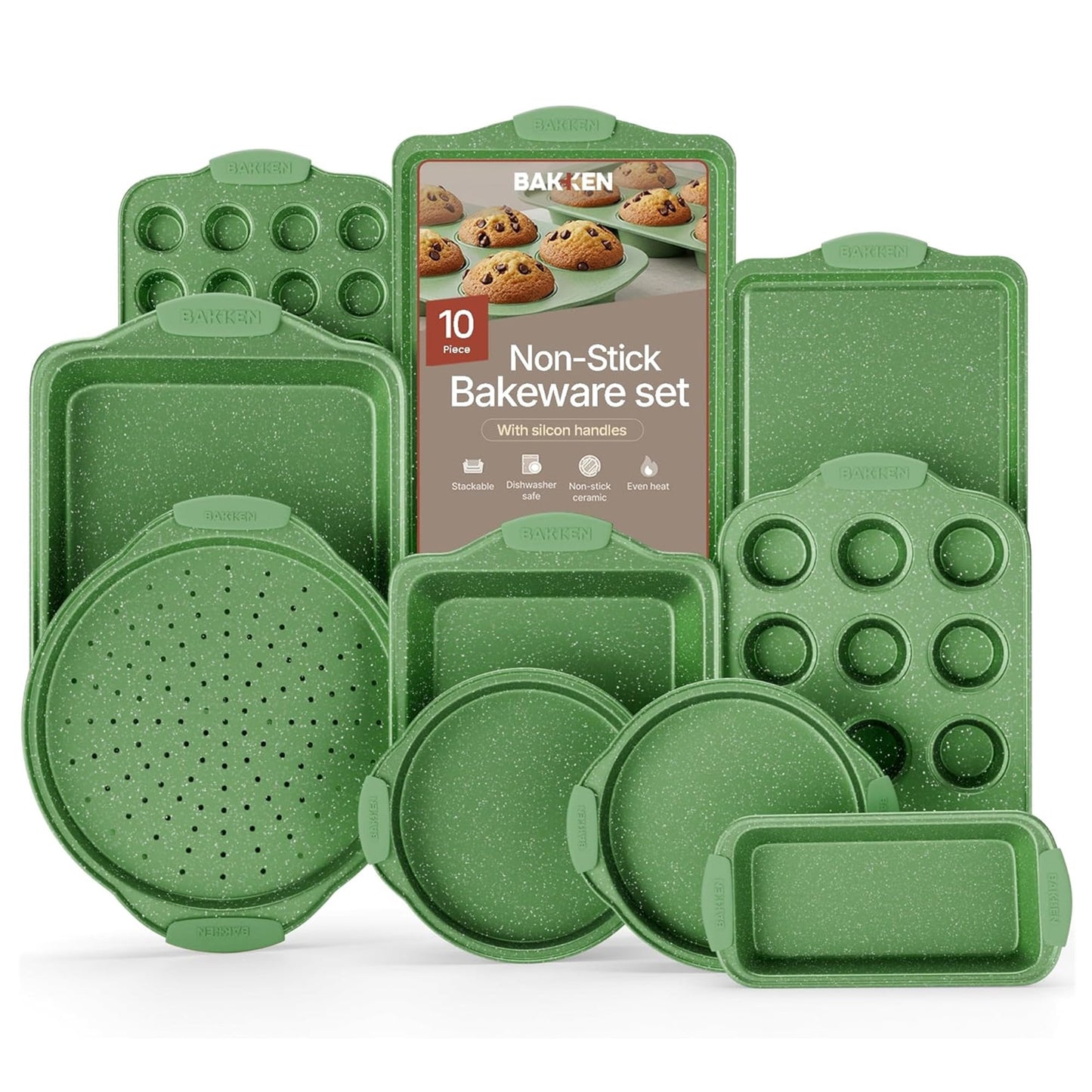 Bakken- Swiss Kitchen Baking Pan Set - Nonstick Green Marble Coating, Carbon Steel Bakeware Sets with Green Silicone Handles, Kitchen Essentials, Oven Safe (Up To 450Â° F), Set of 10
