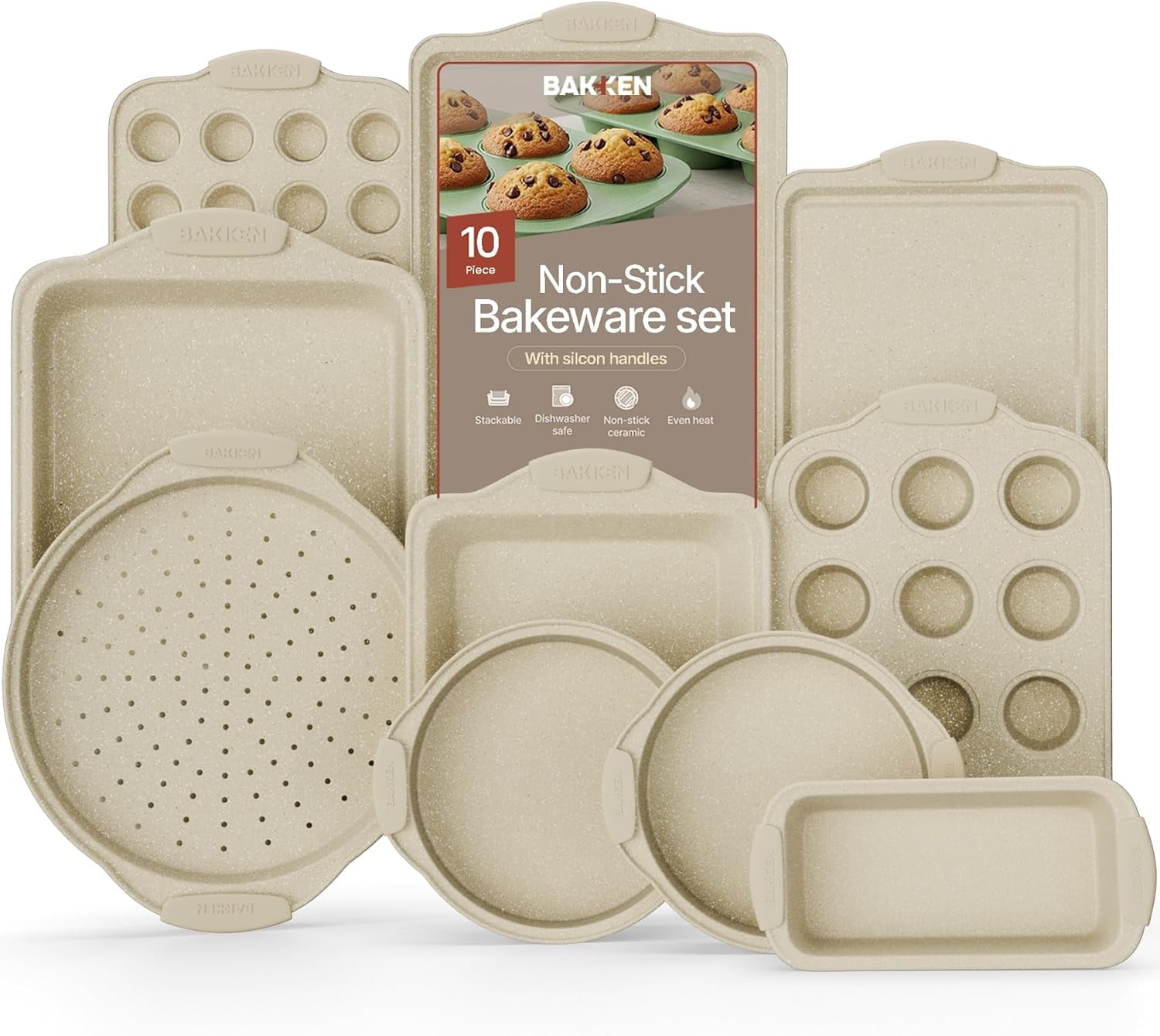 Bakken- Swiss Deluxe 10 -Piece Carbon Steel Bakeware Set - Nonstick White Marble Coating, Silicone Handles - Professional Quality Kitchen Oven Baking Pans