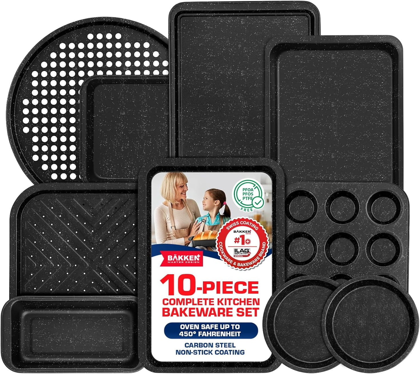 Bakken- Swiss 10-Piece Kitchen Baking Pan Set - Commercial Grade Carbon Steel Bakeware with Nonstick Coating, Stackable and Space-Saving Design, Oven Safe Tray (up to 450Â°F), Gray Marble