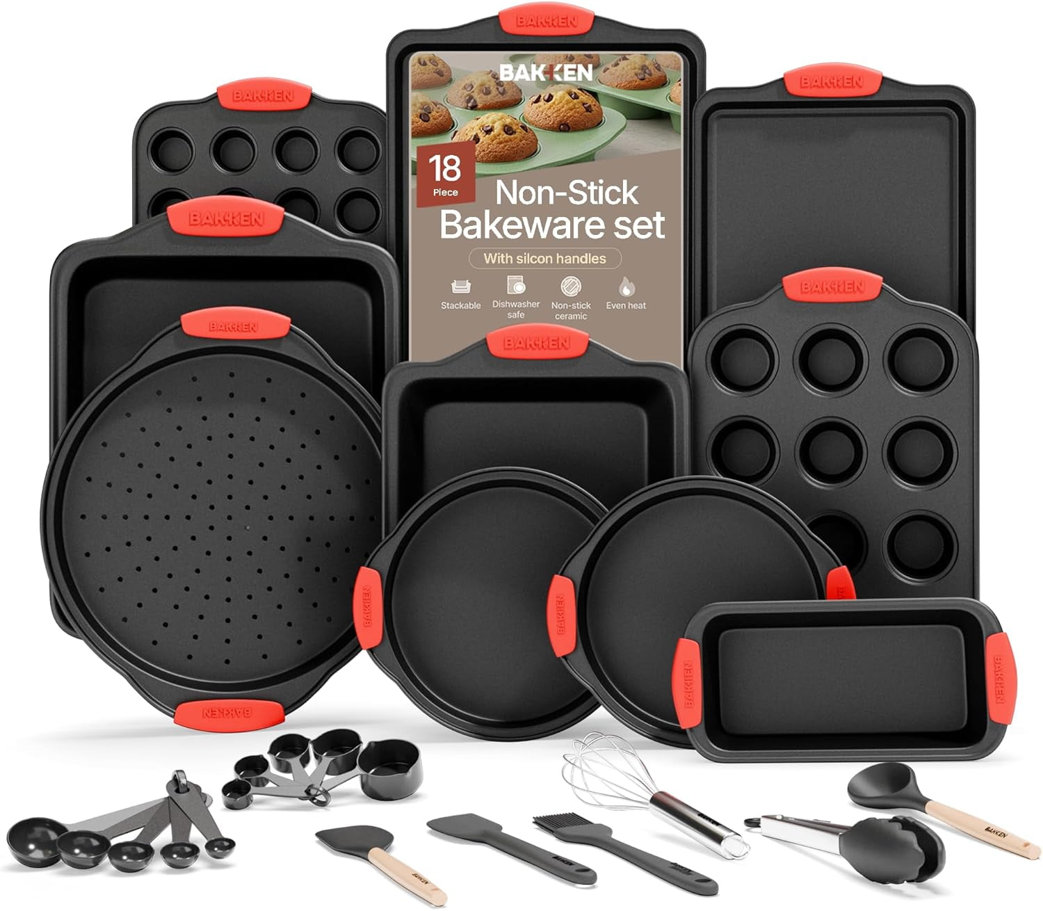 Bakken- Swiss Kitchen Baking Pan Set - Nonstick Coating, Carbon Steel Bakeware Sets with Red Silicone Handles, Baking Kitchen Essentials, Oven Safe Tray (Up To 450Â° F), Set of 18