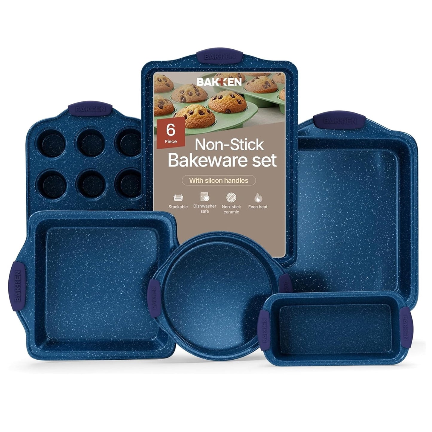 Bakken-Swiss 6-Piece Deluxe Nonstick Baking Pan Set - Professional Grade Carbon Steel Bakeware with White Marble Coating & Silicone Handles