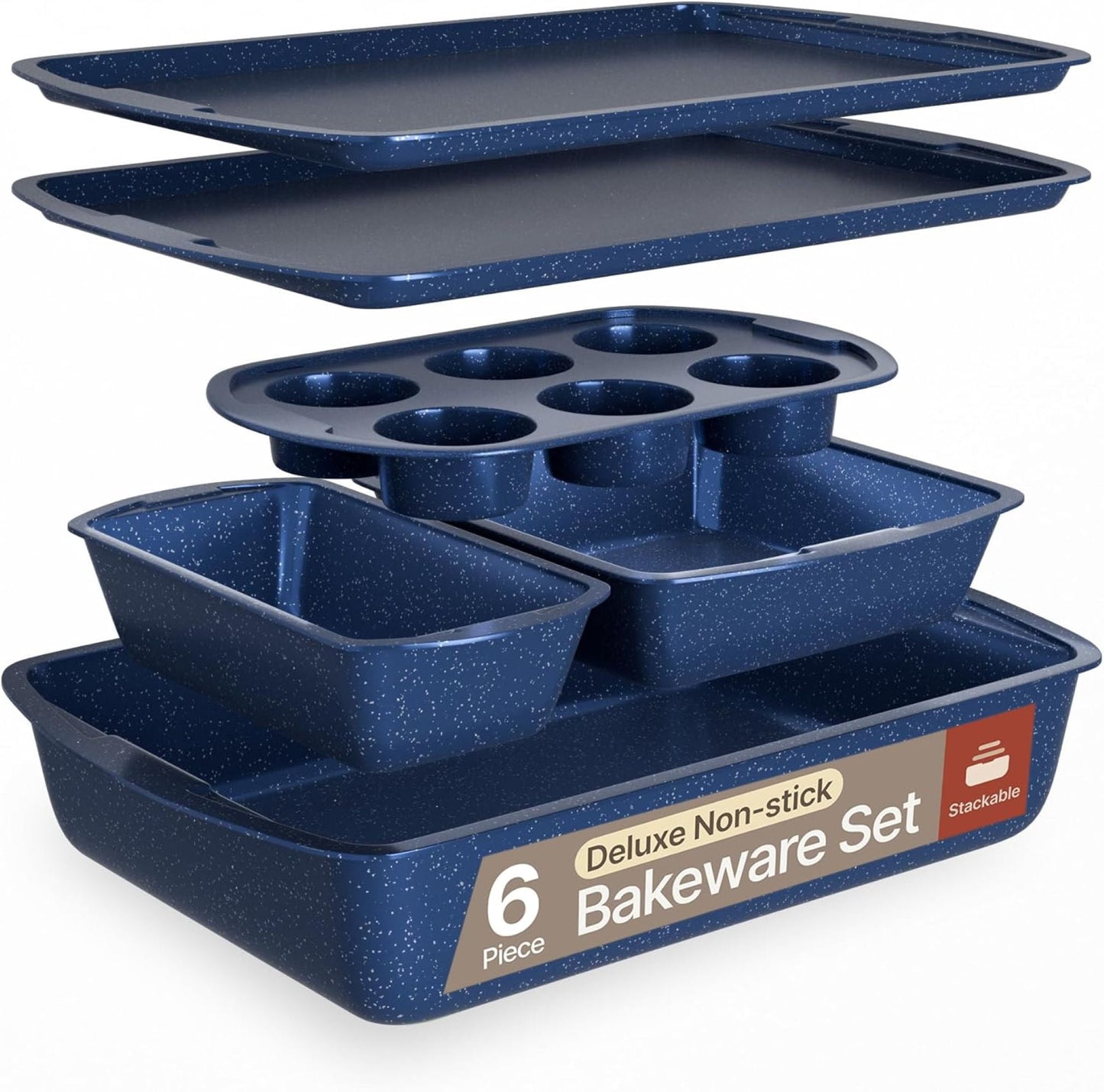 Bakken- Swiss Kitchen Baking Pan Set - Nonstick Blue Marble Coating, Commercial Grade Carbon Steel, Baking Kitchen Essentials, Oven Safe Tray (Up To 450Â° F), Set of 6