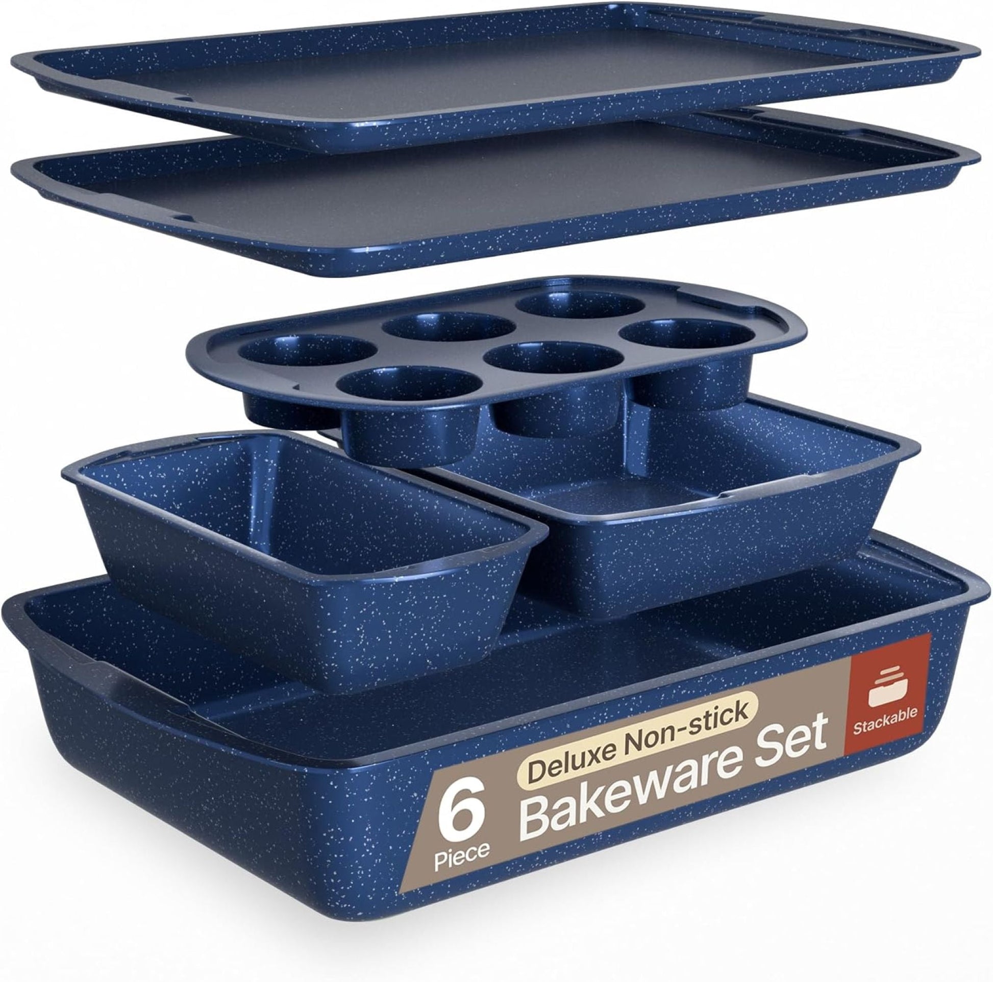 Bakken- Swiss Kitchen Baking Pan Set - Nonstick Blue Marble Coating, Commercial Grade Carbon Steel, Baking Kitchen Essentials, Oven Safe Tray (Up To 450Â° F), Set of 6