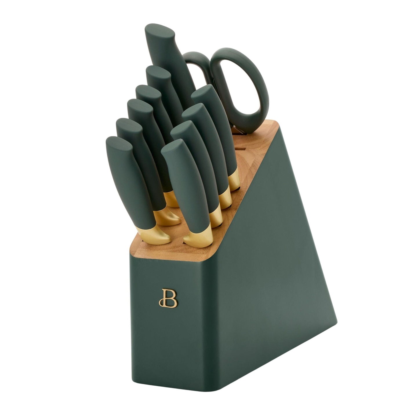 Hermoso Juego de Bloque de Cuchillos de 12 Piezas en Verde Tomillo y Dorado con Mangos ErgonÃ³micos de Agarre Suave by Drew Barrymore
