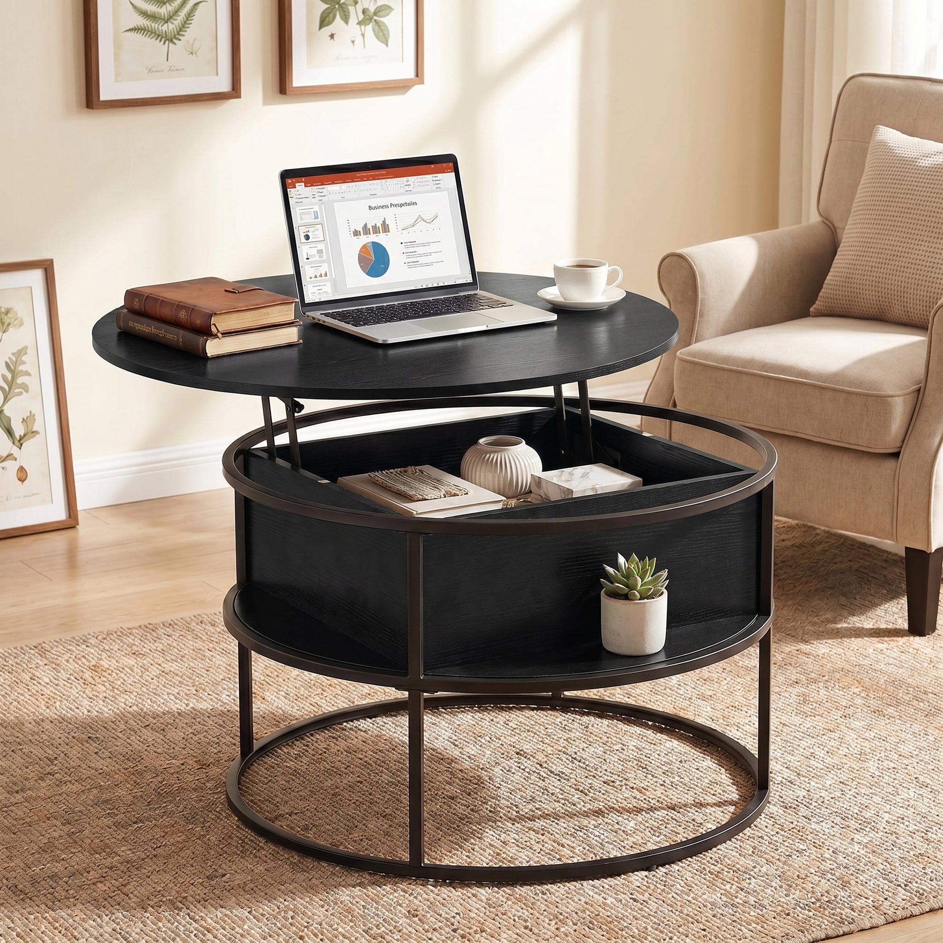 BEAUTYPEAK 32" Round Lift Top Coffee Table with Hidden Storage Circle Living Room Center Table, Black