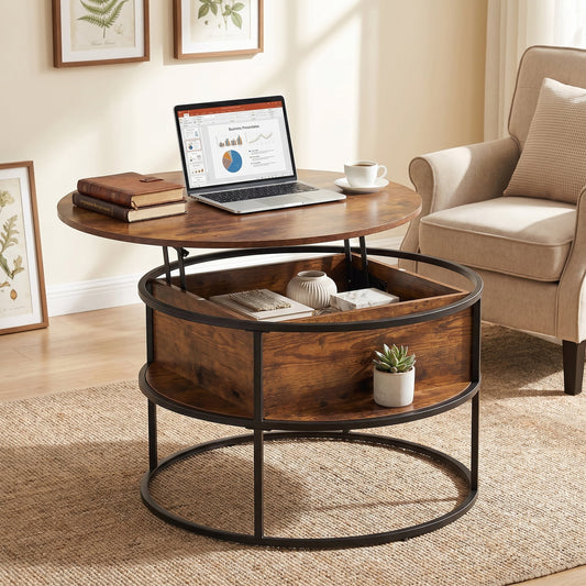 BEAUTYPEAK 32" Round Lift Top Coffee Table with Hidden Storage Circle Living Room Center Table, Dark Walnut