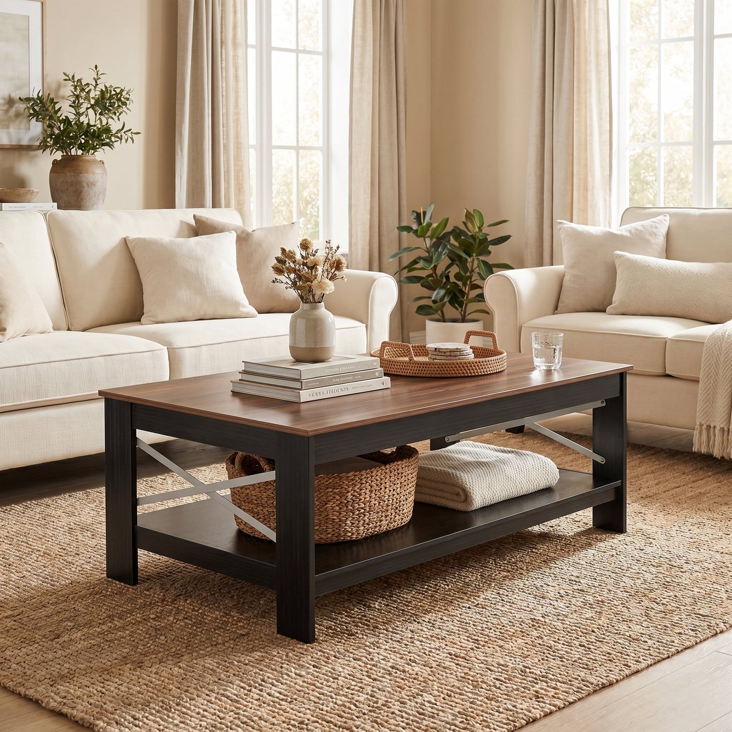 BEAUTYPEAK 40"x22" Coffee Table with Storage Shelves Rectangular Living Room Center Table, Walnut