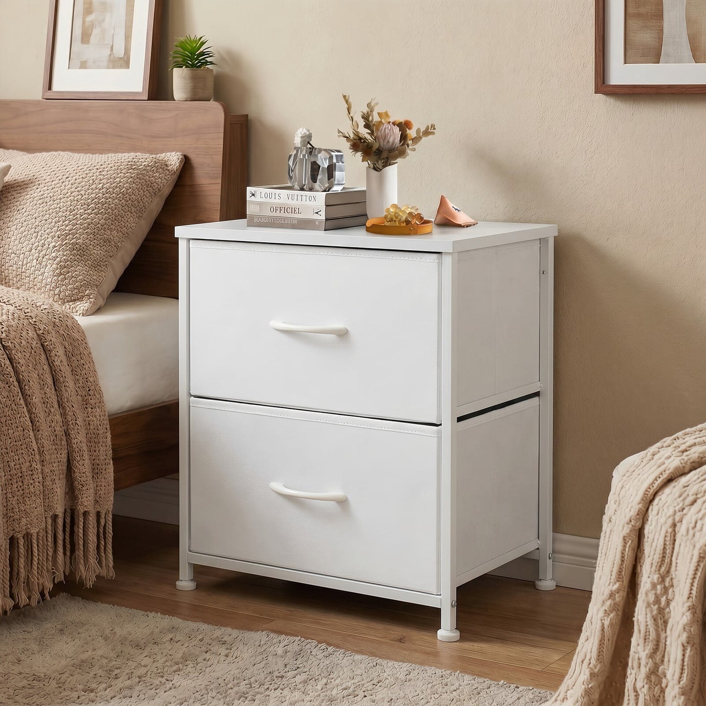 BEAUTYPEAK Nightstand 2-Drawer Fabric Dresser Bedside Table with Wooden Top Adjustable Feet, White
