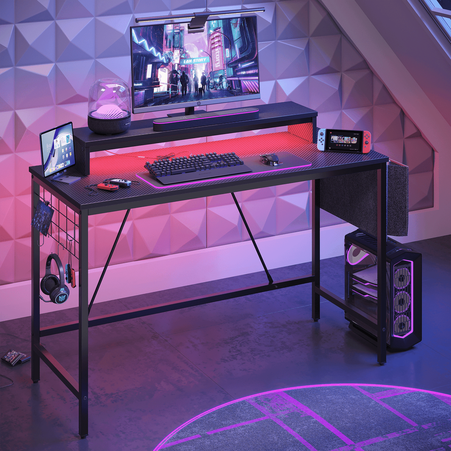 Bestier 41.7 inch Gaming Desk with LED Monitor Stand, Storage Pocket, Grid Side Frame, for Gaming Room and Home Office, Carbon Fiber Black