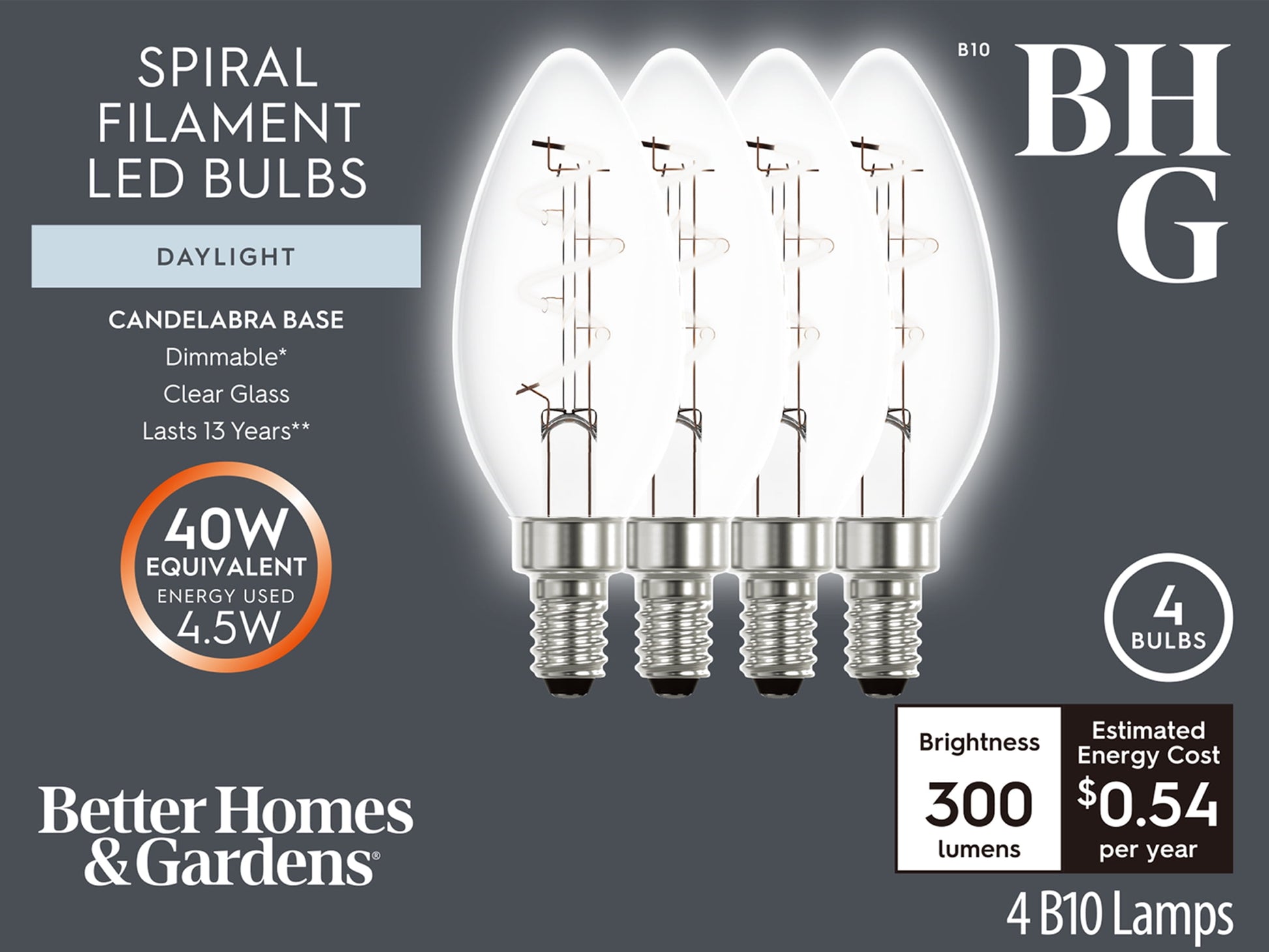 BH&G LED Light Bulb, 4.5 Watts (40W Equiv.) B10 Candle Bulb Dimmable E12 Candelabra Base Daylight, 4 Pack
