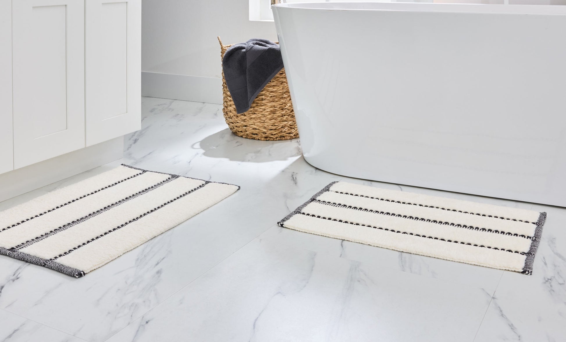 Better Homes & Gardens Atlas Stripe 2 Piece Bath Rug Set, Grey Shadow & Vanilla Dream, 17" x 24" & 20" x 30"