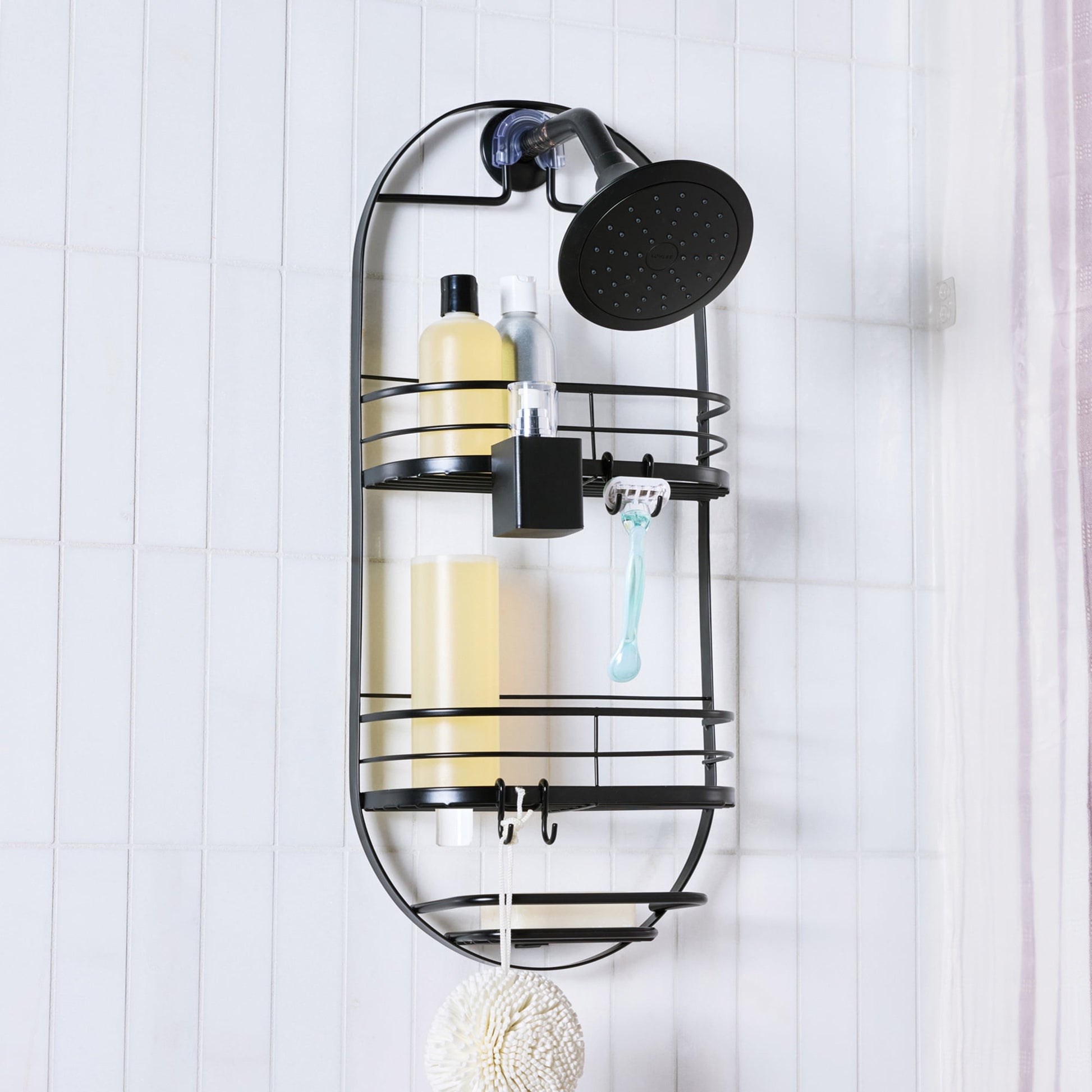 Better Homes & Gardens Matte Black 2-Shelf Oval Hanging Shower Caddy with Soap Tray
