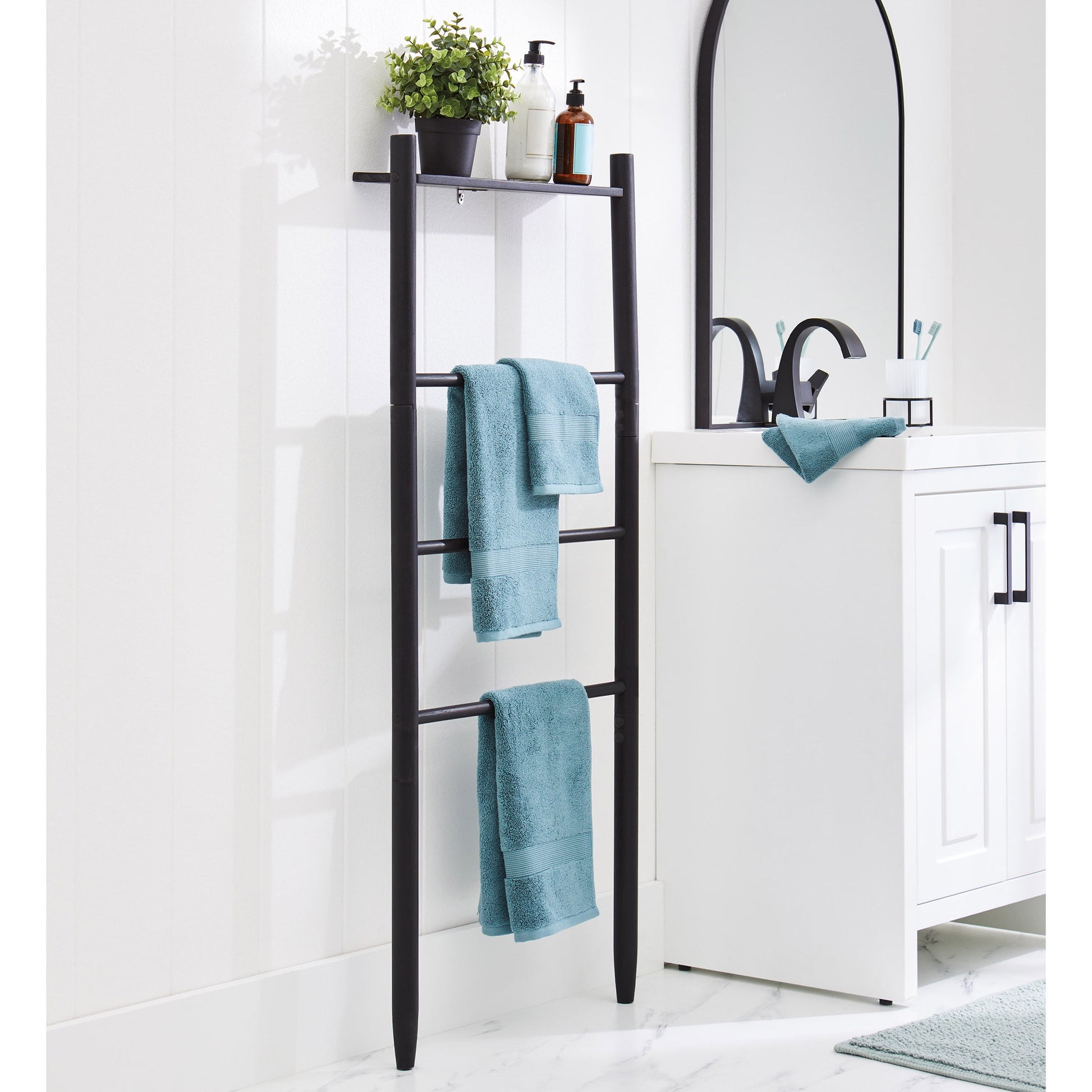 Better Homes & Gardens Springwood Freestanding Acacia Wood Towel Ladder, 4 Tiers, Black