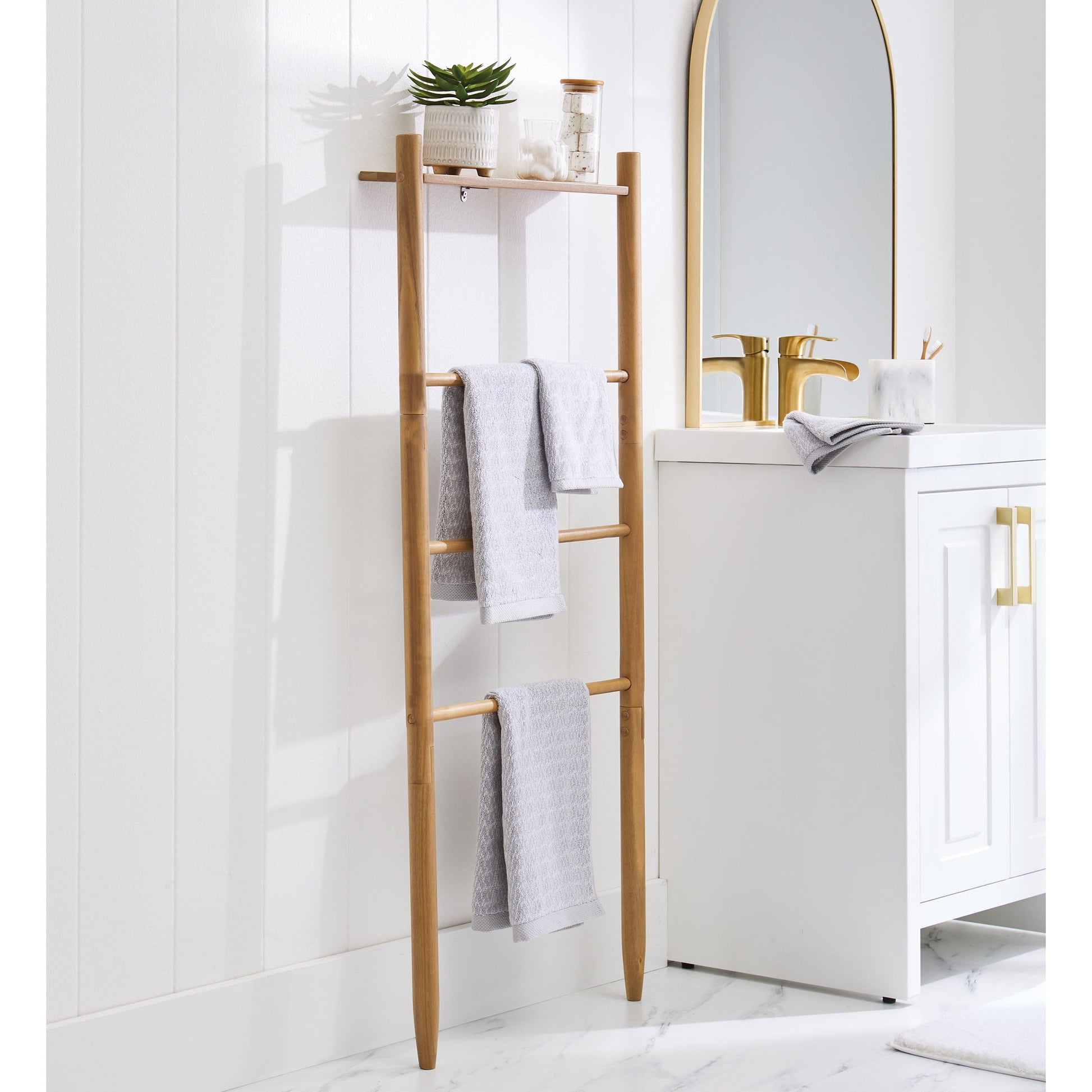 Better Homes & Gardens Springwood Freestanding Acacia Wood Towel Ladder, 4 Tiers, Light Honey Finish