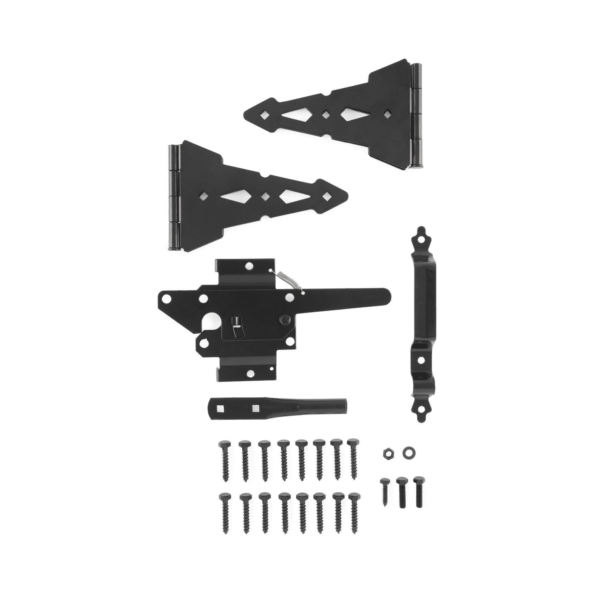 Hyper Tough Black Steel Post Latch Gate Kit with 8" Decorative Strap Hinges, Spring-Loaded Latch, Gate Pull Handle and Installation Hardware