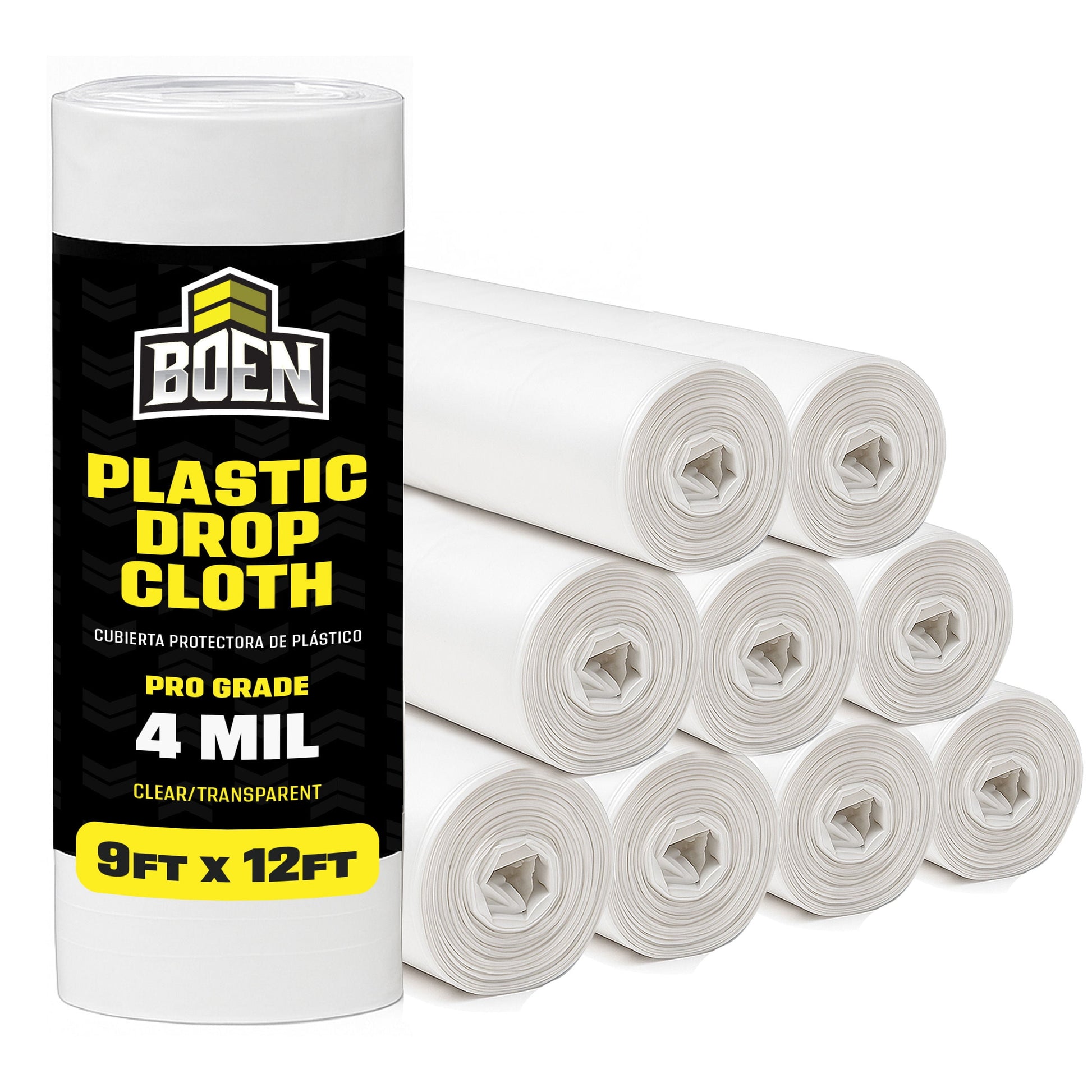 BOEN 9x12 Plastic Drop Cloth â€“ 9-pack 4 Mil Painters Plastic Sheeting Roll â€“ Waterproof Disposable Tarp for Painting, Furniture, Dust Protection & Window Insulation â€“ Contractor-Grade Bulk Case
