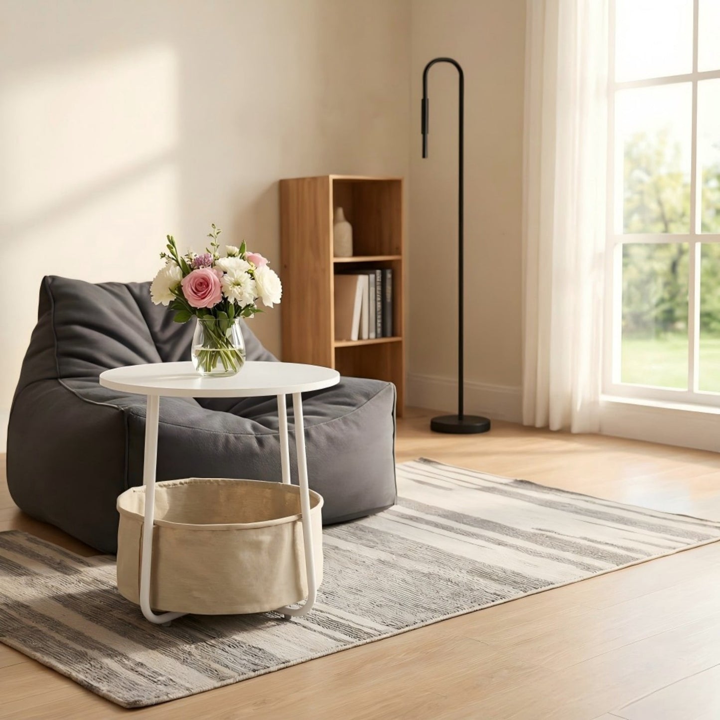 BSHTI 18" Round Coffee Table with Fabric Storage Basket â€“ Space-Saving End Table for Living Room, Bedside Nightstand, Matte White & Beige