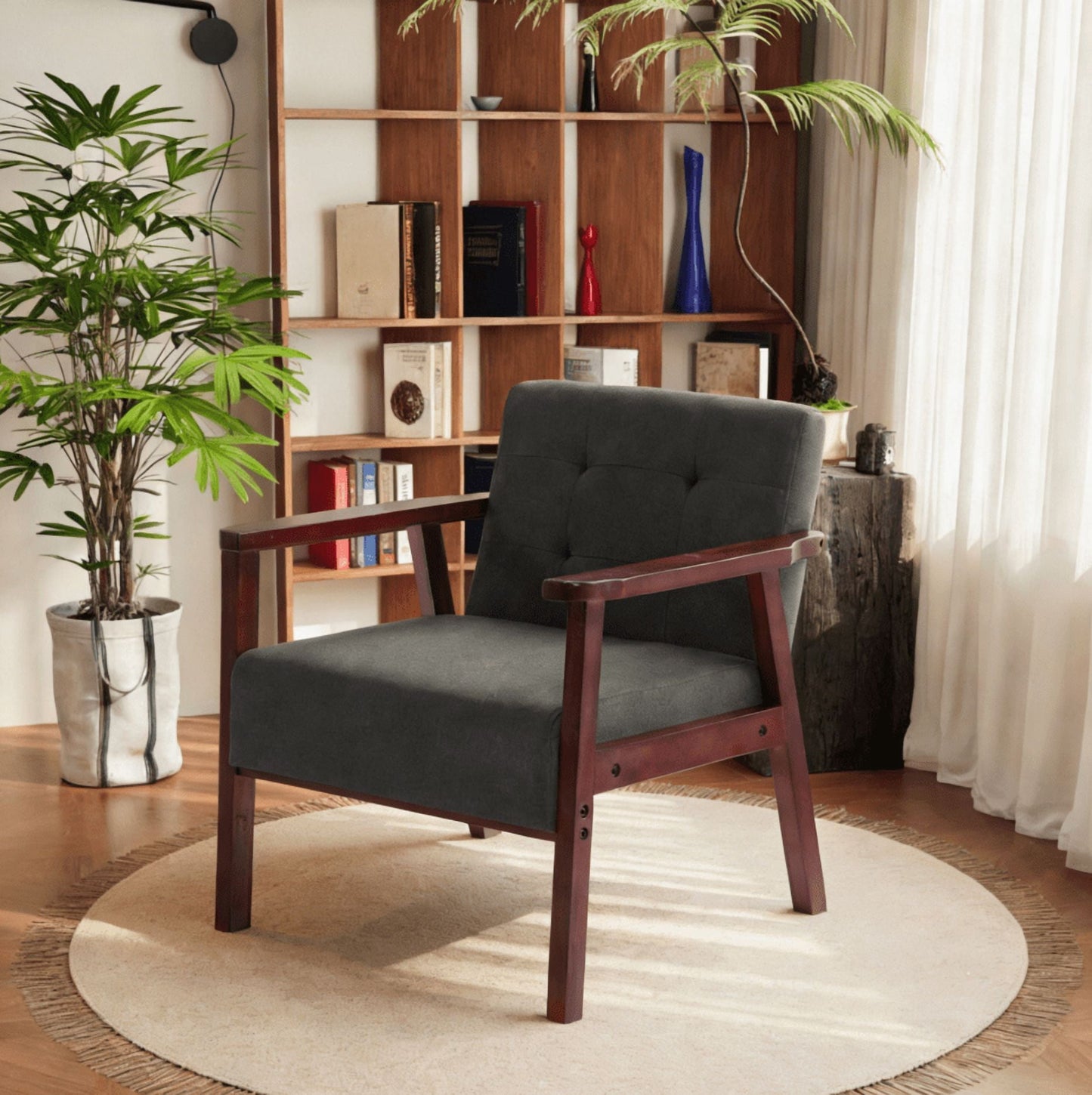 BSHTI 25.39" Solid Wood Accent Armchair with Tufted Back, Linen Upholstery, High-Density Foam Cushion, Non-Slip Legs, Easy Assembly for Living Room, Bedroom(Dark Grey)