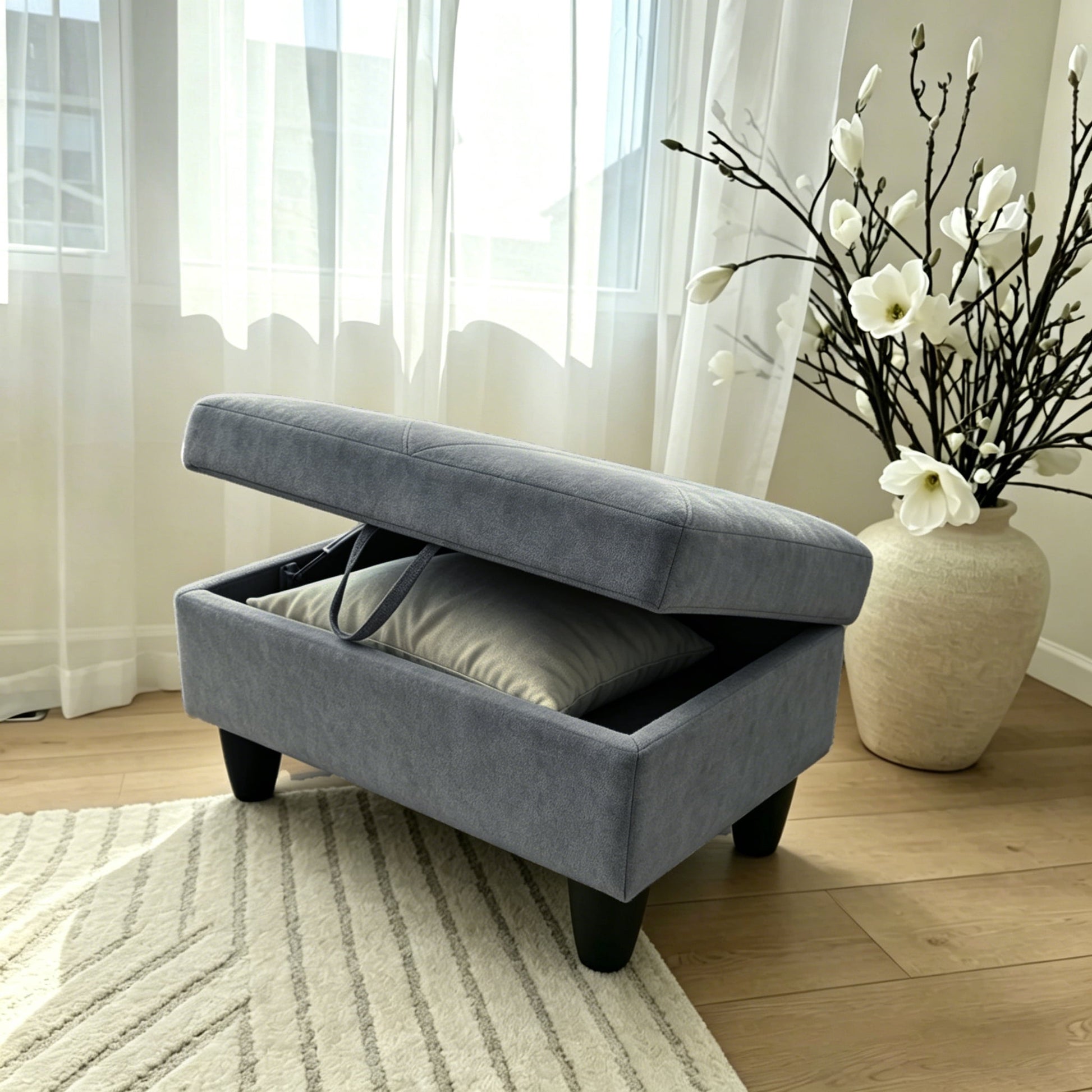 BSHTI 28.5" Multi-Functional Storage Ottoman with Lift-Top Lid, Hidden Compartment Storage, Dark Grey Flannelette Fabric, Ottoman with Storage for Living Room & Bedroom