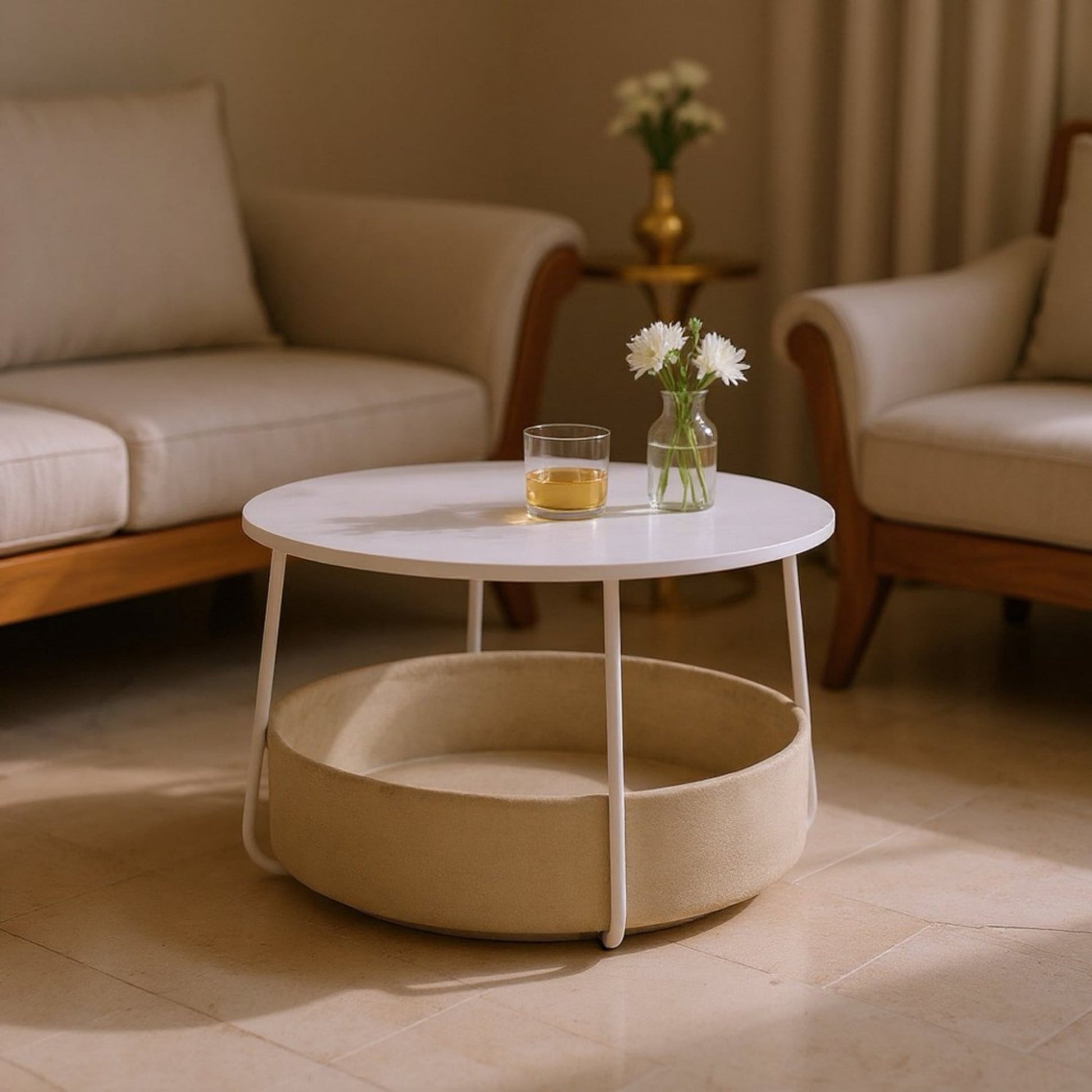 BSHTI 30" Round Coffee Table with Fabric Storage Basket â€“ Space-Saving End Table for Living Room, Bedside Nightstand, Matte White & Beige