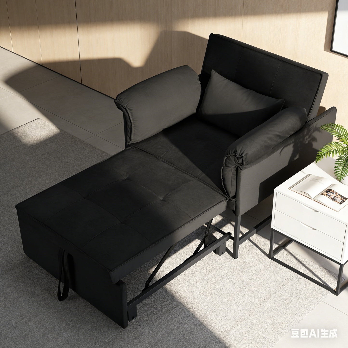 BSHTI 34.3" Convertible Pull-Out Sleeper Chair, Twin-Size Bed with Velvet Upholstery, 3-Position Adjustable Backrest, Metal Frame for Small Space & Guest Room, Black