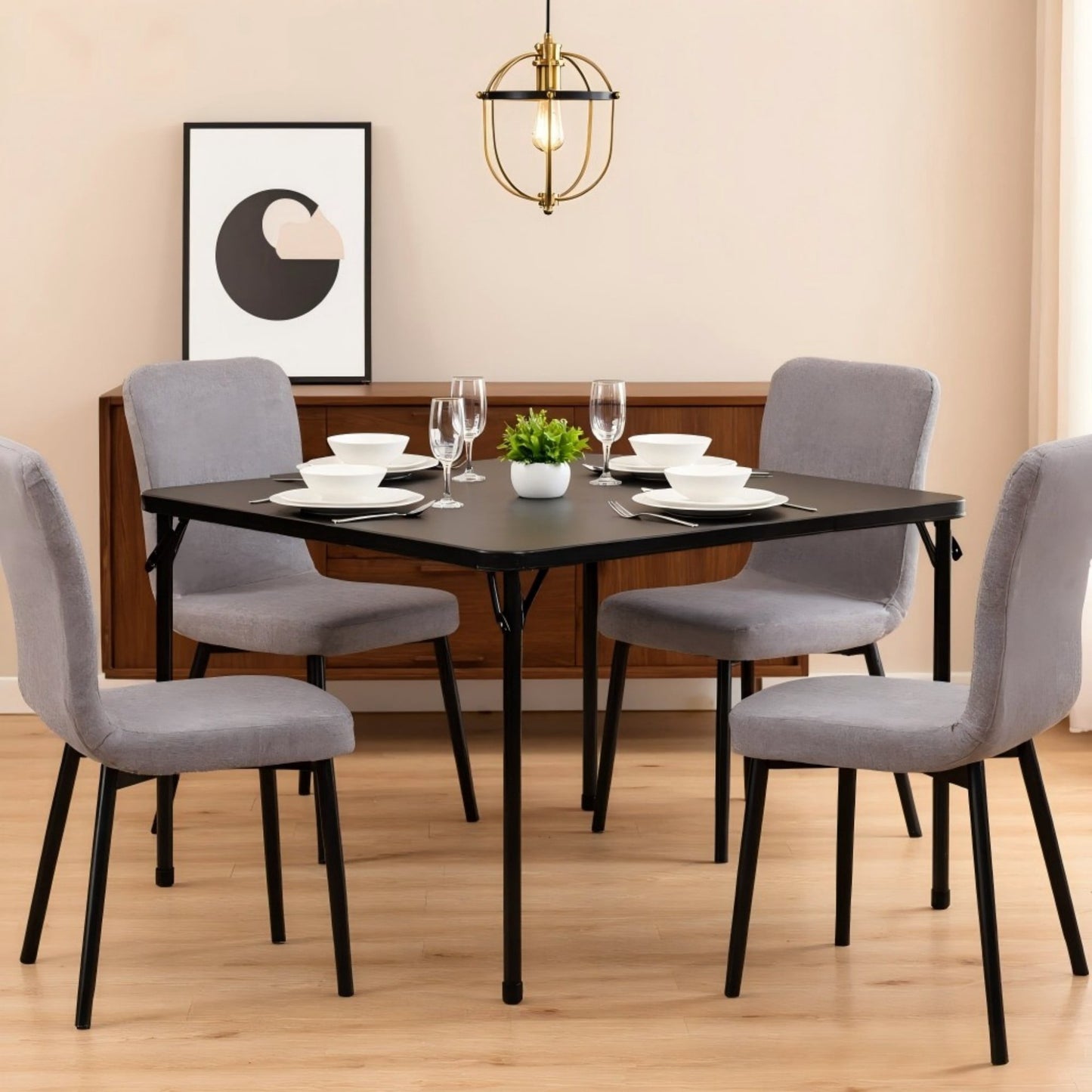 BSHTI 34" Square Folding Table â€“ No Assembly Portable Card Table, PVC Top with Metal Frame, Indoor Outdoor Use for Dining Room, Living Room, Office & Camping, Black