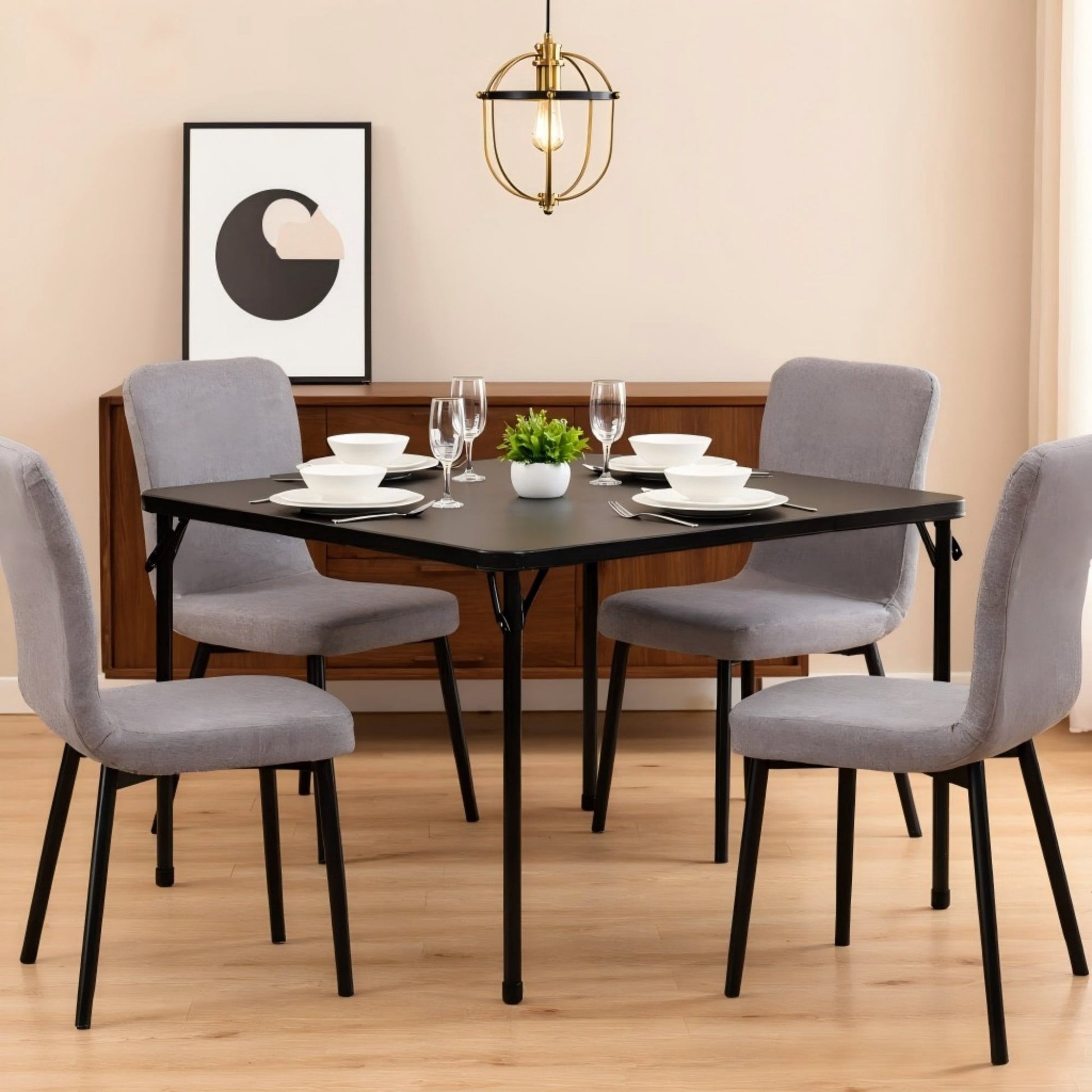 BSHTI 34" Square Folding Table â€“ No Assembly Portable Card Table, PVC Top with Metal Frame, Indoor Outdoor Use for Dining Room, Living Room, Office & Camping, Black
