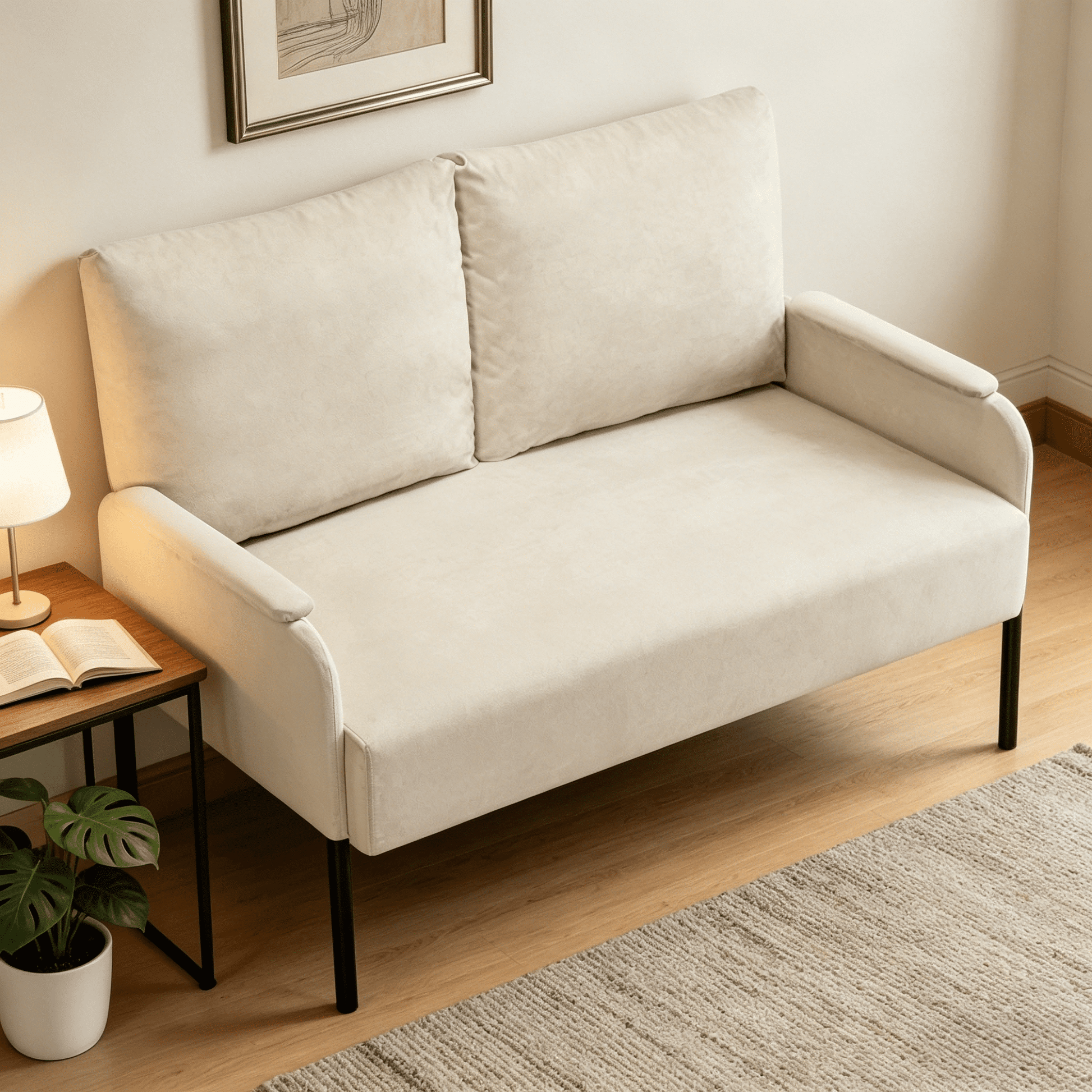 BSHTI 45.7" Metal Frame Loveseat Couch â€“ Solid Wood & Iron Combination, High-Density Foam Seat, Removable Washable Back Cushion, for Small Spaces, Apartmentsï¼ŒBeige