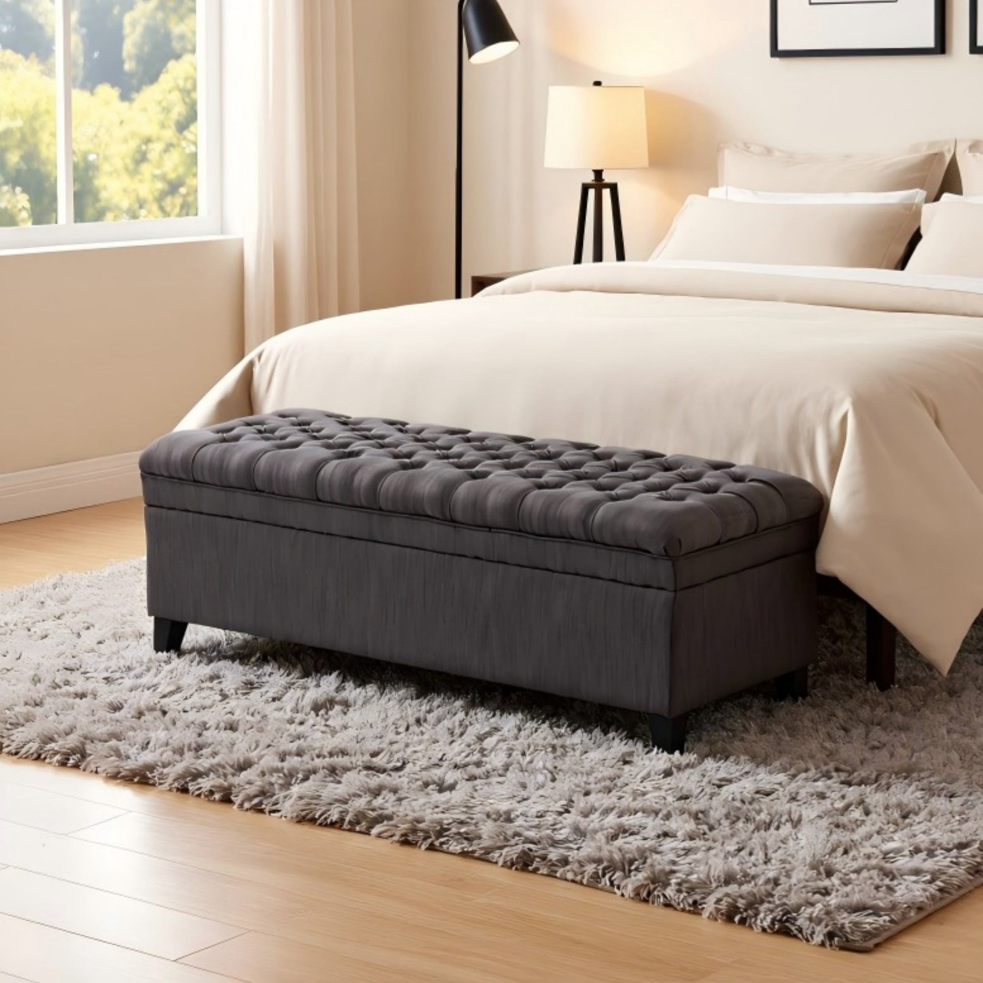 BSHTI 49.41" Flip Top Storage Bench with Tufted Seat â€“ Solid Wood Frame, Hidden Storage Compartment, High-Density Foam, Tapered Legs â€“ For Entryway, Bedroom, Living Room,Dark Grey