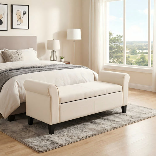 BSHTI 49.61" Flip Top Storage Bench with Rolled Armrests â€“ Solid Wood Frame, Hidden Storage Compartment, Tapered Legs â€“ For Entryway, Bedroom, Living Room,Beige