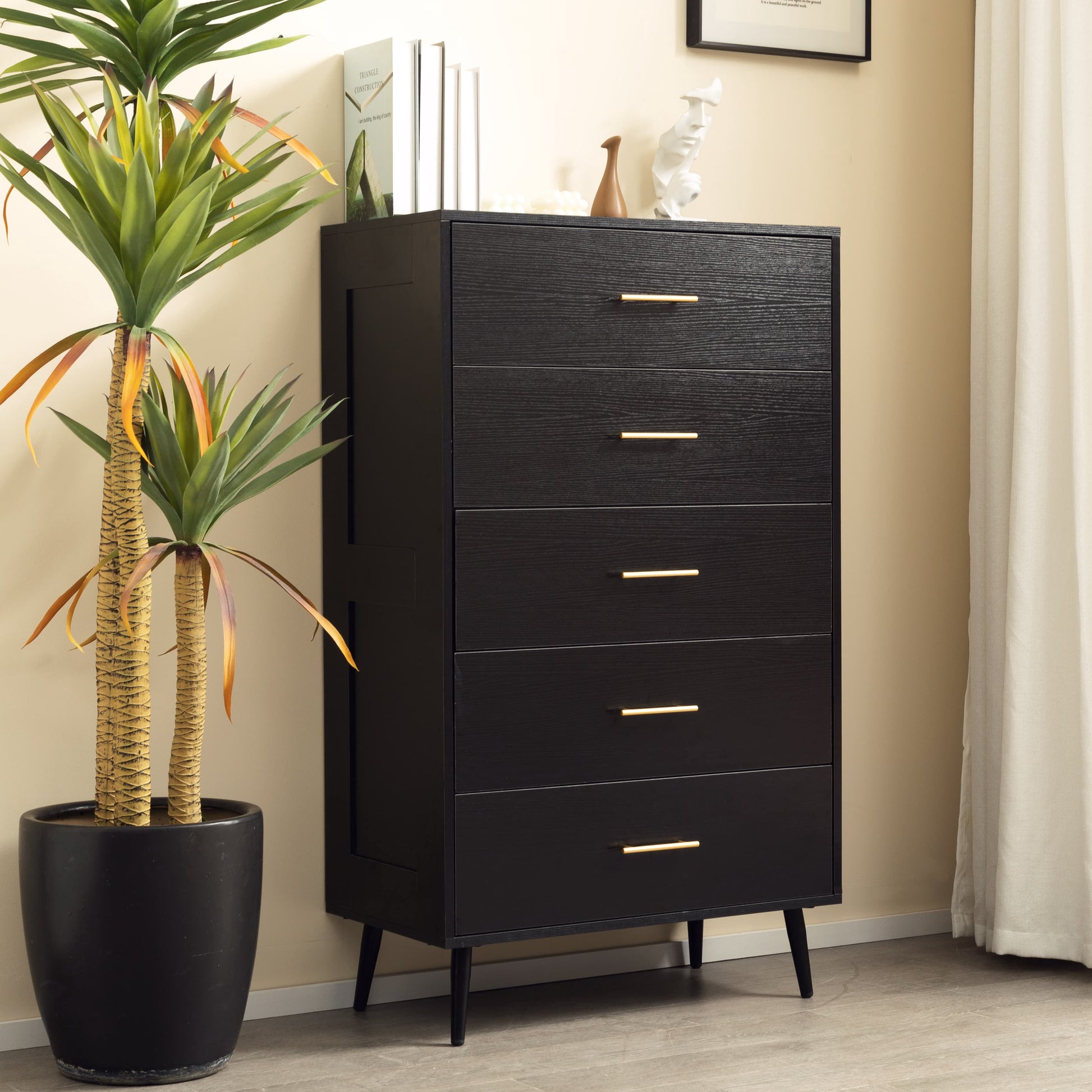 BSHTI 5-Drawer Chest, with 1 Spacious Top, Manufactured Wood with Ash Wood Grain Pattern, Gold Color Metal Handle, Tapered Metal Legs, Black