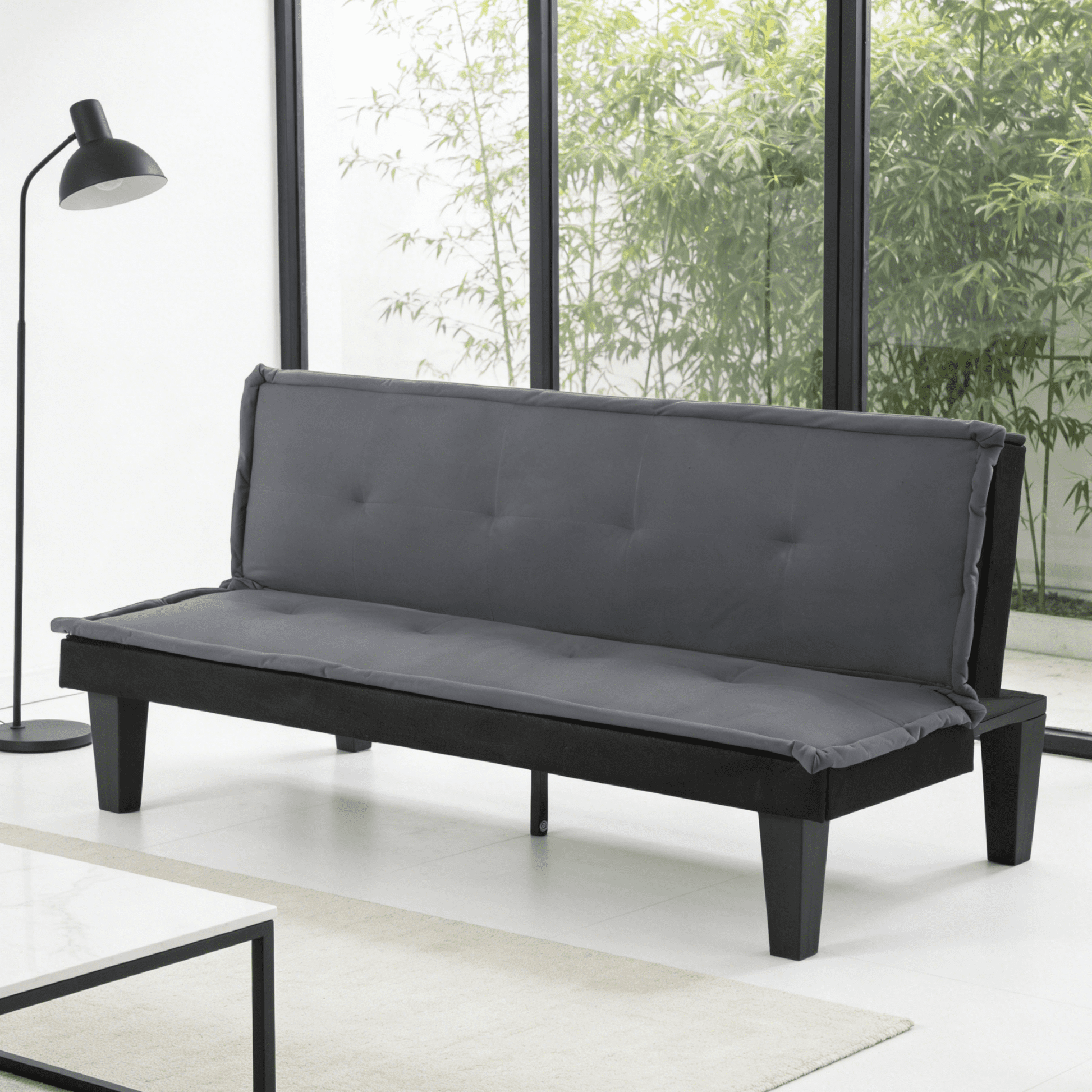 BSHTI 62.99" Faux Suede Futon Sofa Bed, 5-Position Adjustable Backrest, Converts to Sleeper, for Small Space, Gray