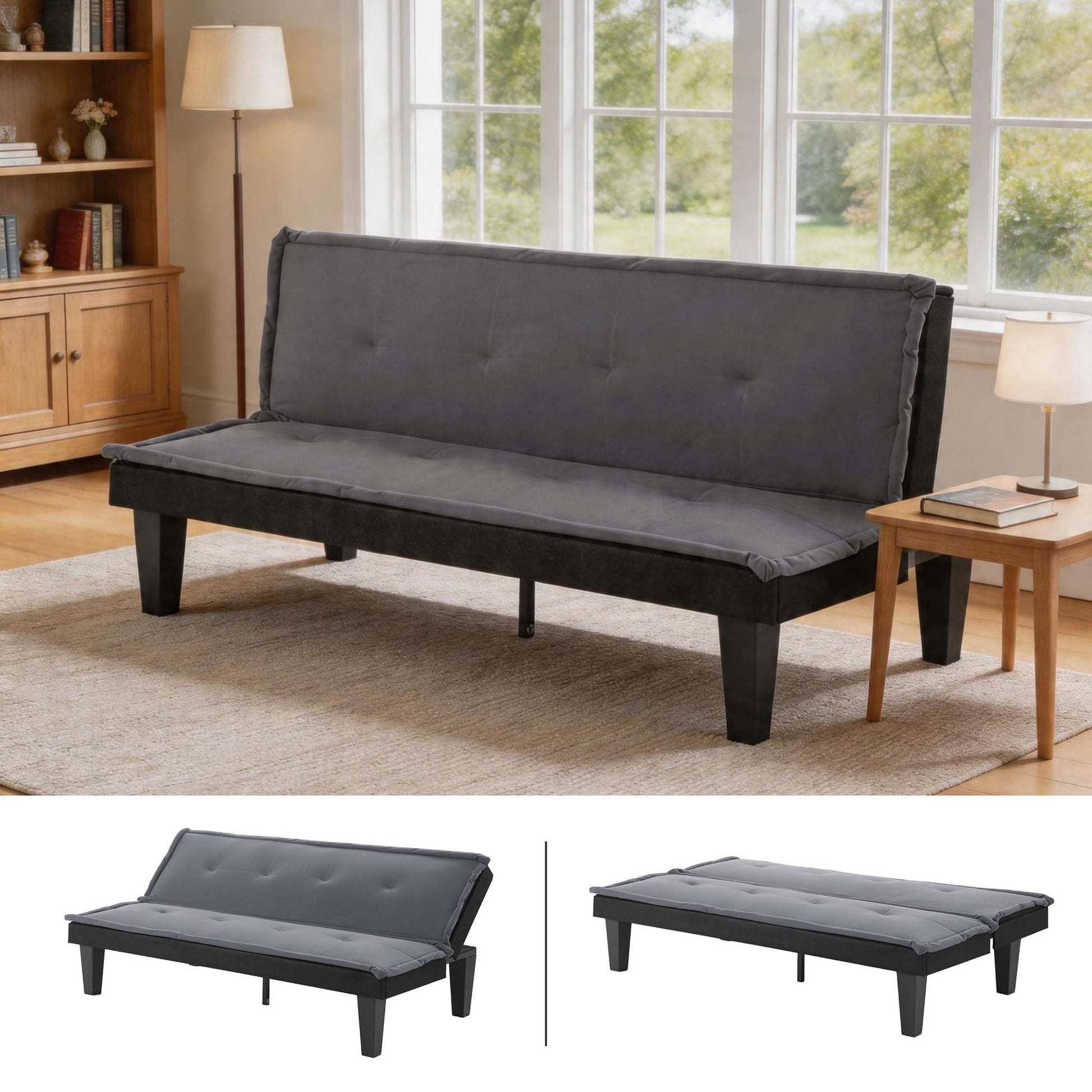 BSHTI 62.99" Faux Suede Futon Sofa Bed, 5-Position Adjustable Backrest, Converts to Sleeper, for Small Space,Grey