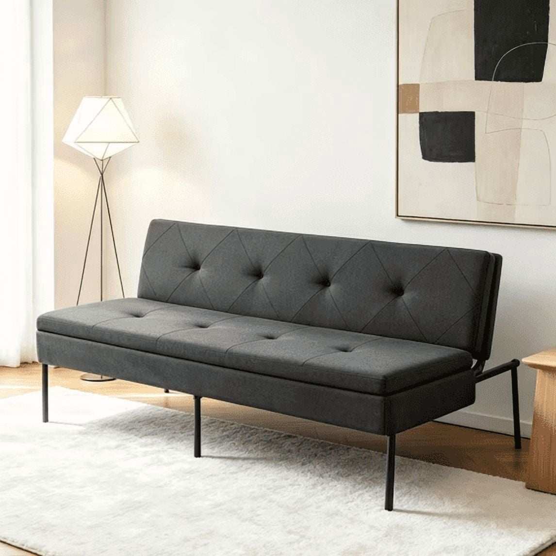 BSHTI 63.39â€ Futon Sofa Bed, 5 Adjustable Positions, Iron Frame with Black, Polyester Fabric, Convertible Sleeper for Living Room Office, Small Spaces,Dark Gray