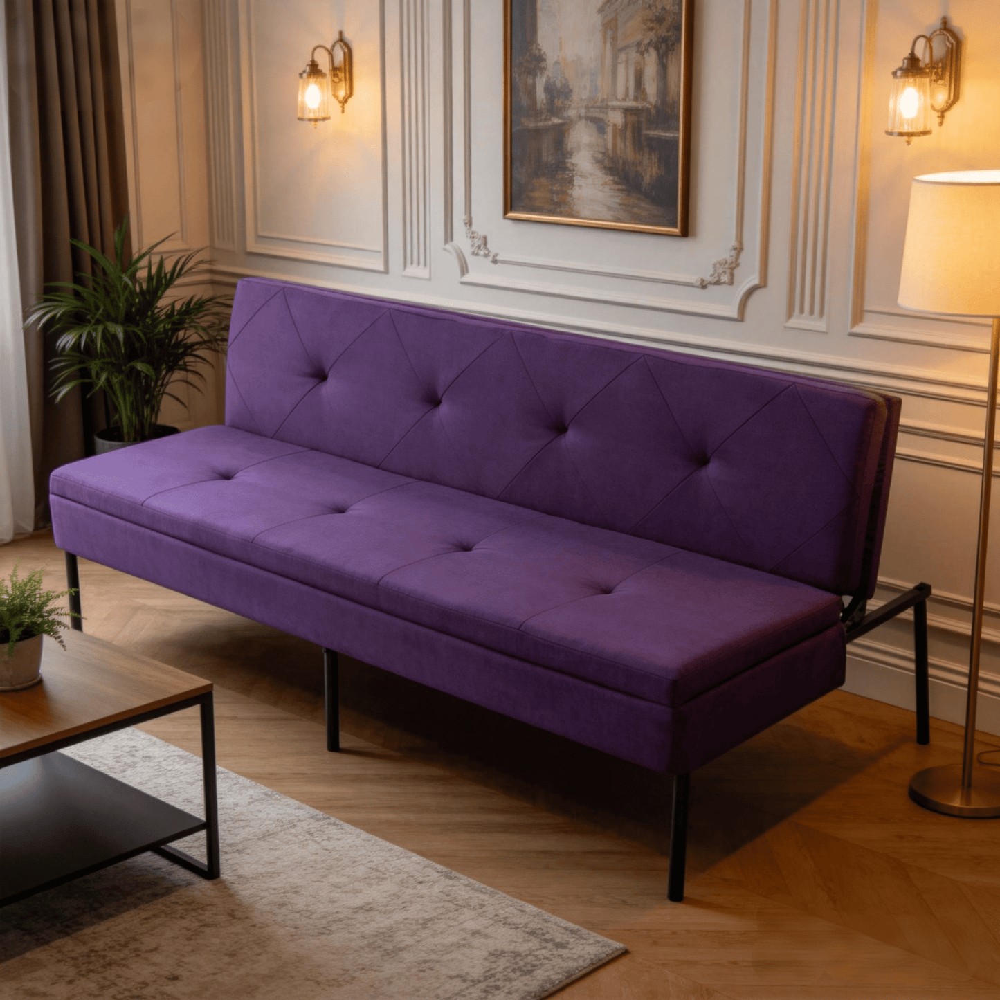 BSHTI SofÃ¡ Cama FutÃ³n de 63.39" con 5 Posiciones Ajustables â€“ SofÃ¡ Cama Convertible de Tela de PoliÃ©ster con Estructura de Hierro, DiseÃ±o Moderno con Forro Limpio para Sala de Estar, Apartamento, Oficina, Dormitorio, Morado
