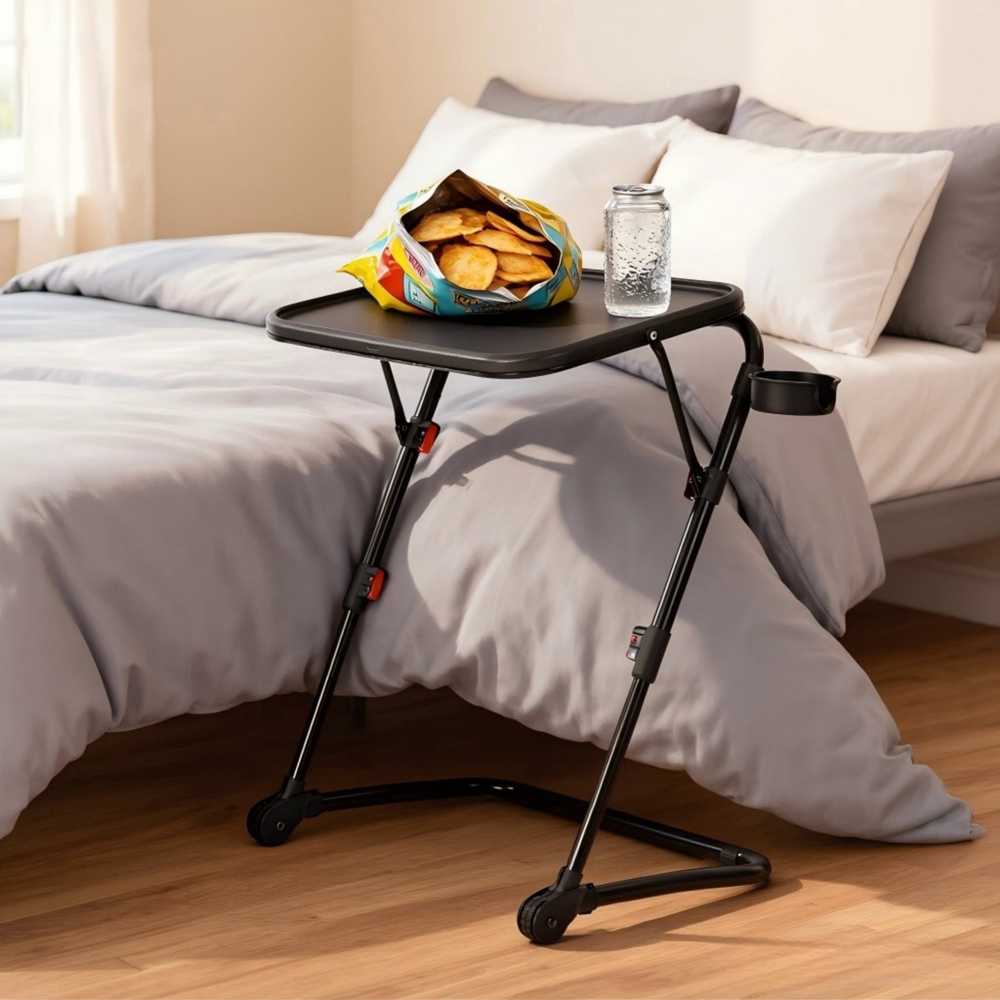 BSHTI Folding Table Tray with 4 Height & 3 Tilt Angle Settings â€“ TV Tray Table with Cup Holder, Portable Laptop Desk for Eating on Couch or Bed, Space-Saving, Black