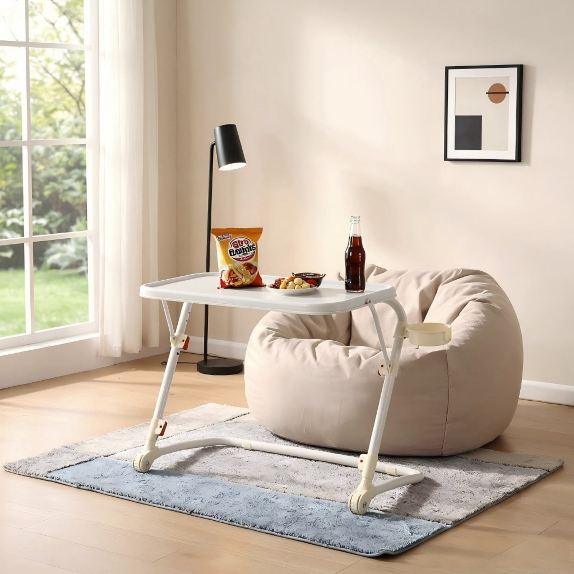 BSHTI Folding Table Tray with 4 Height & 3 Tilt Angle Settings â€“ TV Tray Table with Cup Holder, Portable Laptop Desk for Eating on Couch or Bed, Space-Saving, White