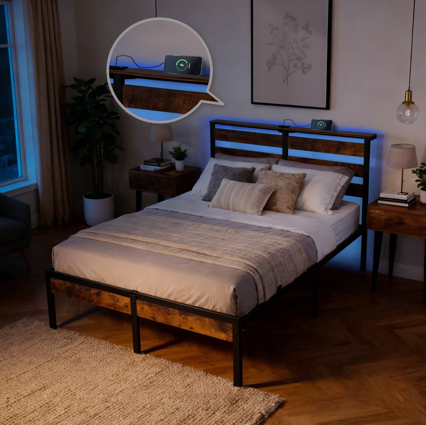 BSHTI Full Size LED Bed Frame with Metal Frame, RGB Lights & Storage Headboard, No Box Spring Needed, Under-Bed Storage, for Bedroom, Dorm, or Guest Room, Rustic Brown