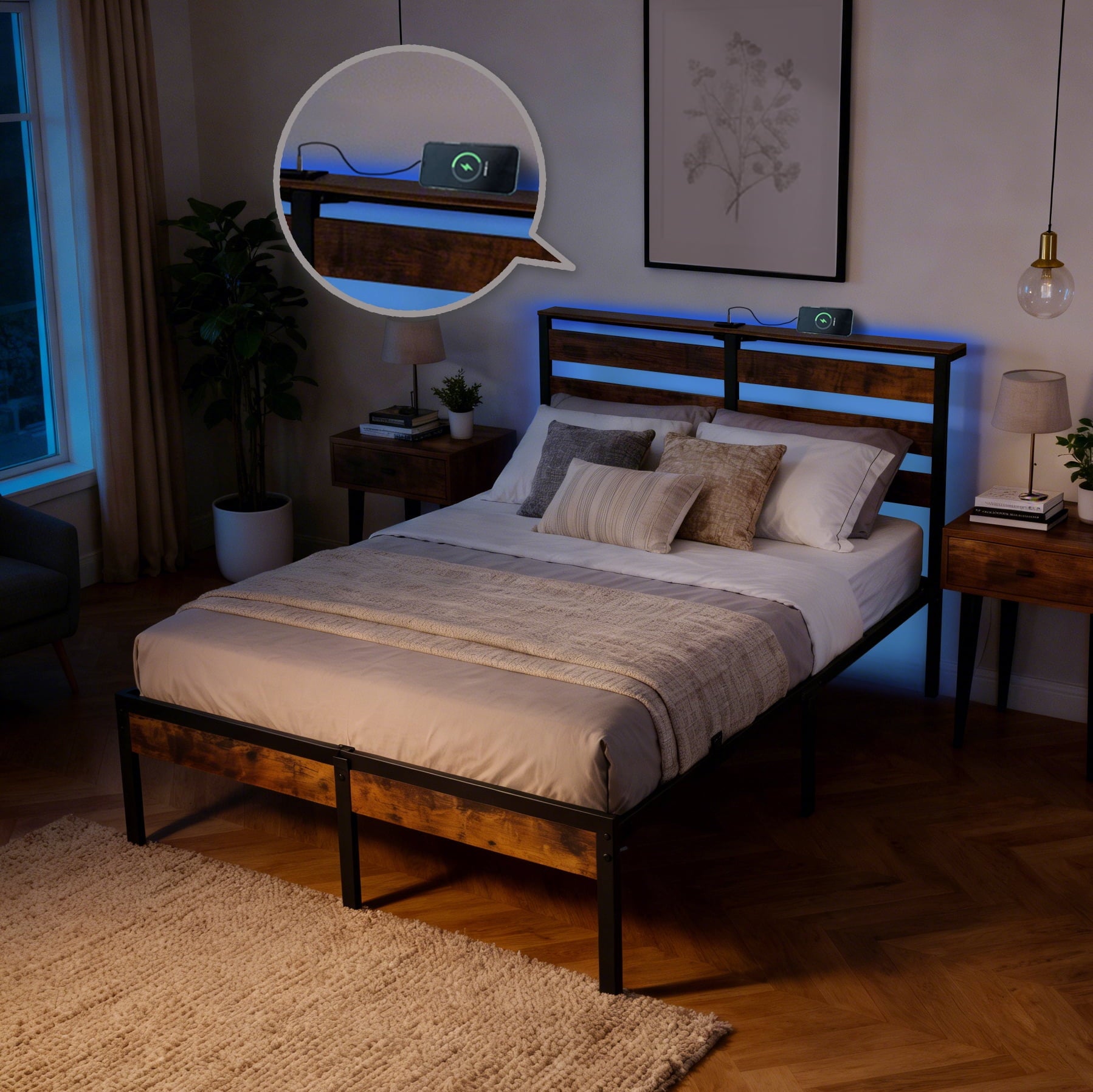 BSHTI Full Size LED Bed Frame with Metal Frame, RGB Lights & Storage Headboard, No Box Spring Needed, Under-Bed Storage, for Bedroom, Dorm, or Guest Room, Rustic Brown