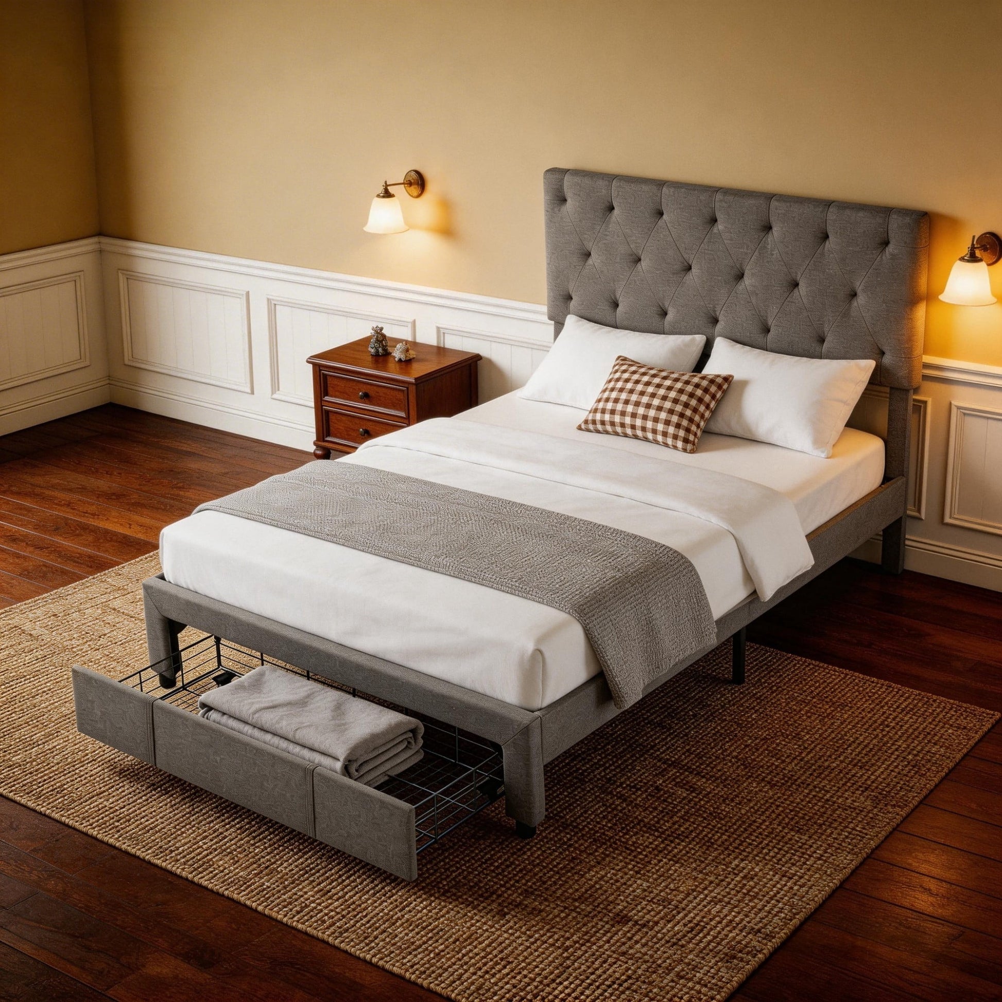 BSHTI Queen Size Platform Bed Frame with Storage Drawer, Adjustable Tufted Headboard, Solid Wood Frame, 12 Wood Slats, No Box Spring Needed,Beige