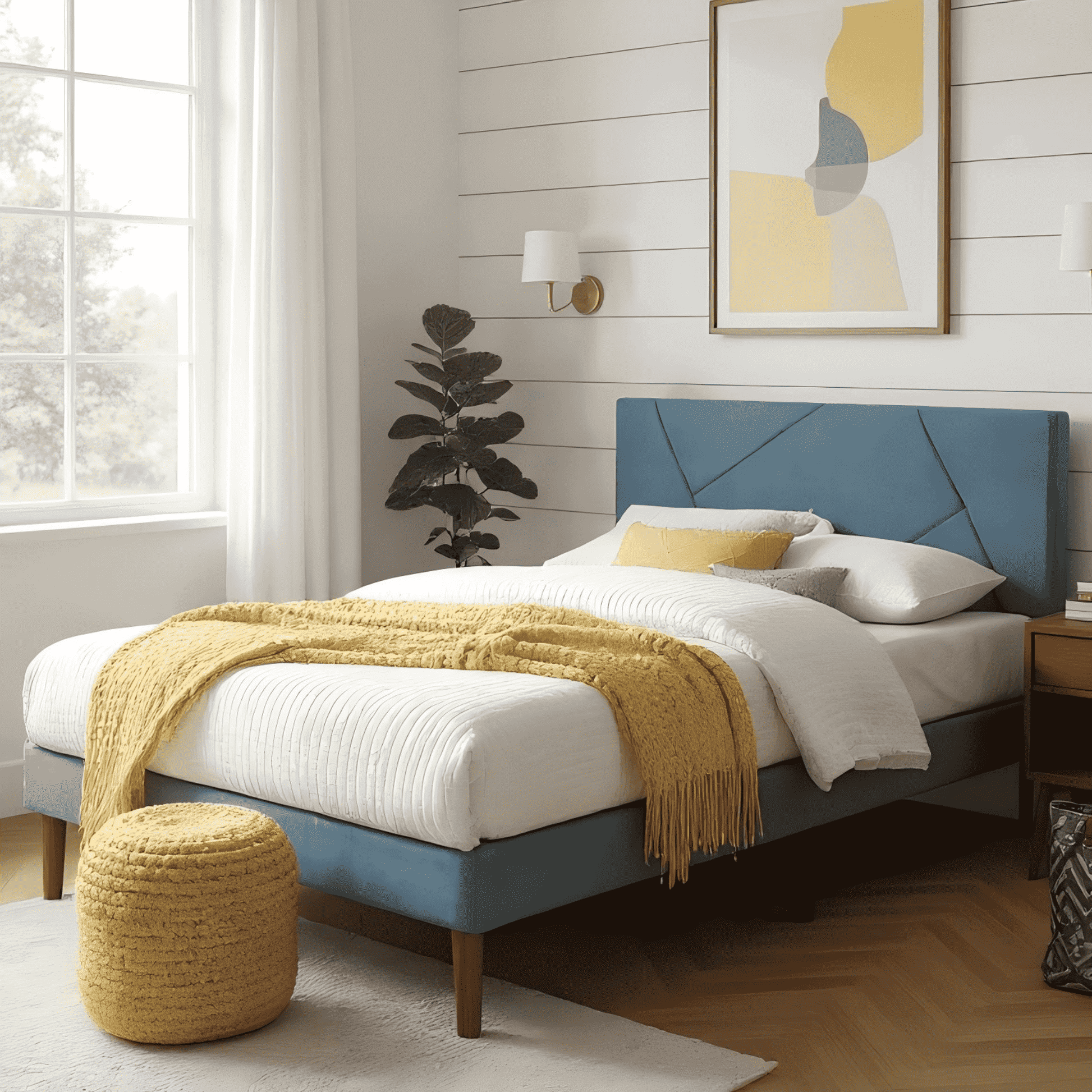 BSHTI Full-Size Platform Bed Frame with Velvet Upholstered Headboard, Sturdy Wood Slats and a Center Support Leg, Effortless Assembly,Blue