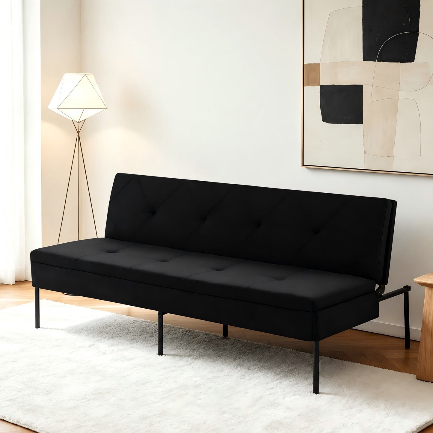 BSHTI 63.39â€ Futon Sofa Bed, 5 Adjustable Positions, Iron Frame with Black, Polyester Fabric, Convertible Sleeper for Living Room Office, Small Spaces, Black