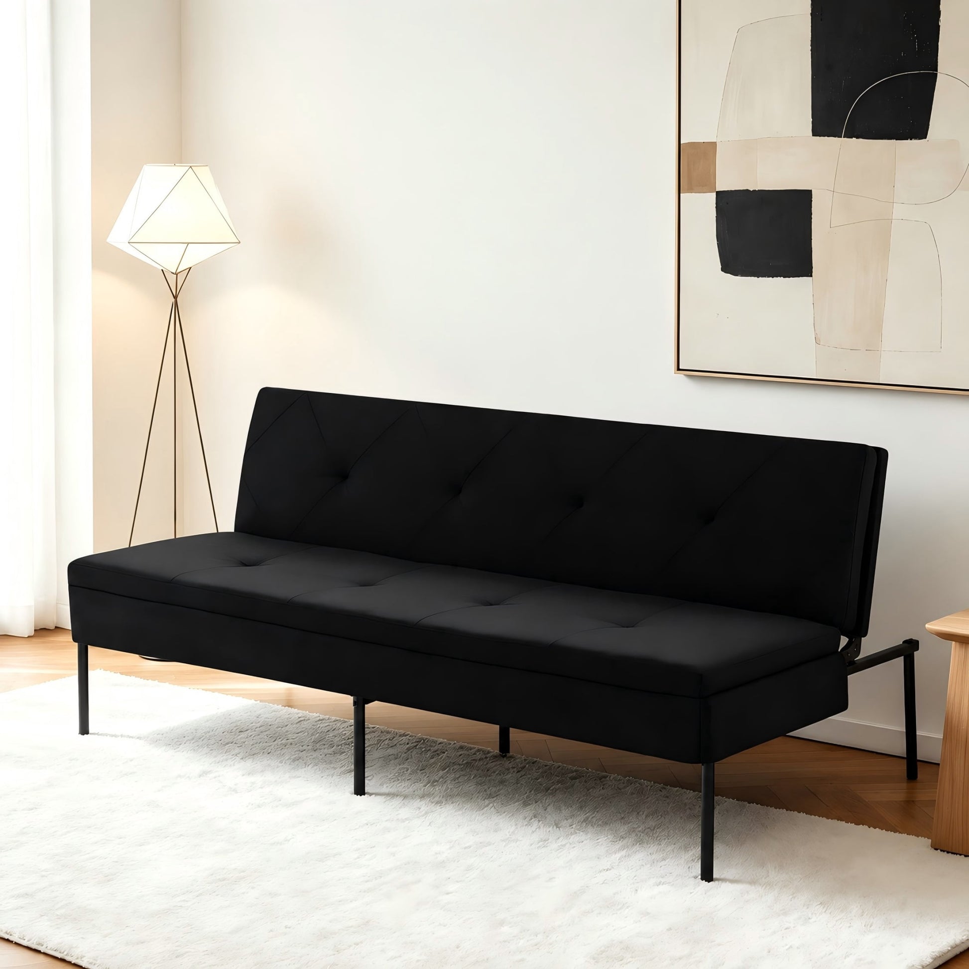 BSHTI 63.39â€ Futon Sofa Bed, 5 Adjustable Positions, Iron Frame with Black, Polyester Fabric, Convertible Sleeper for Living Room Office, Small Spaces, Black