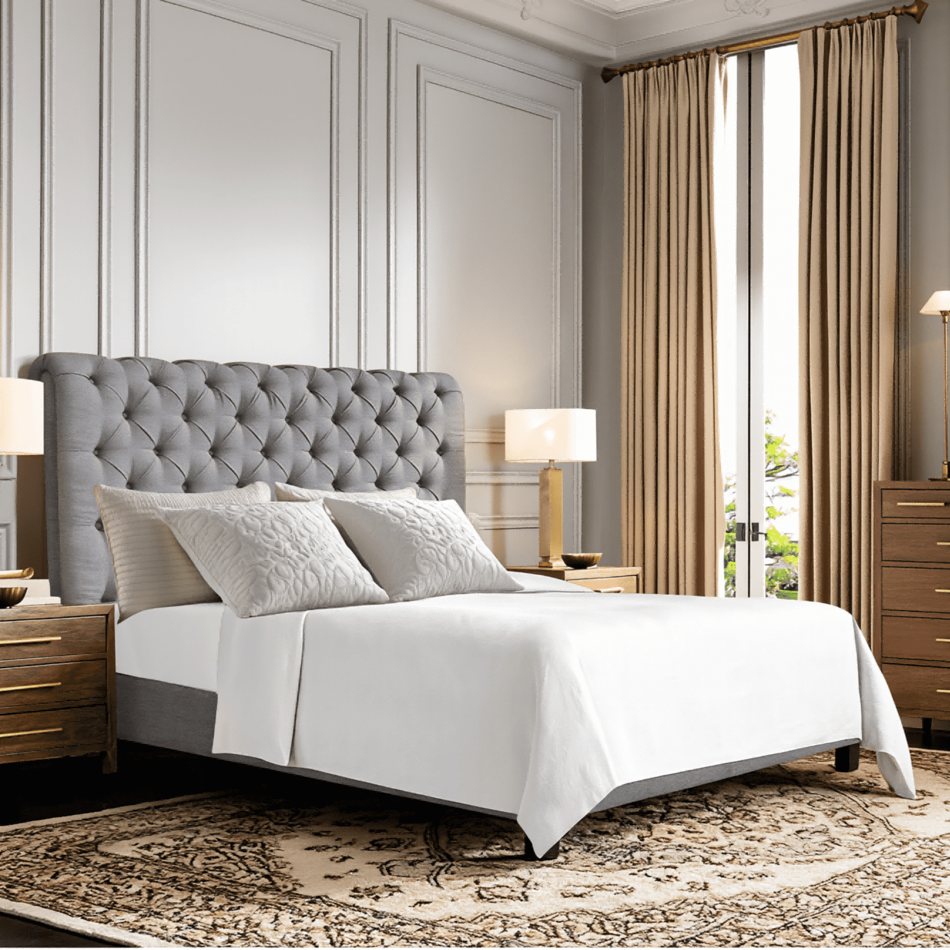 BSHTI Beige Tufted Wingback Queen Size Bed, Upholstered Platform Bed Frame with Button Tufted Headboard, Box Spring Needed, Modern Bedroom Furniture