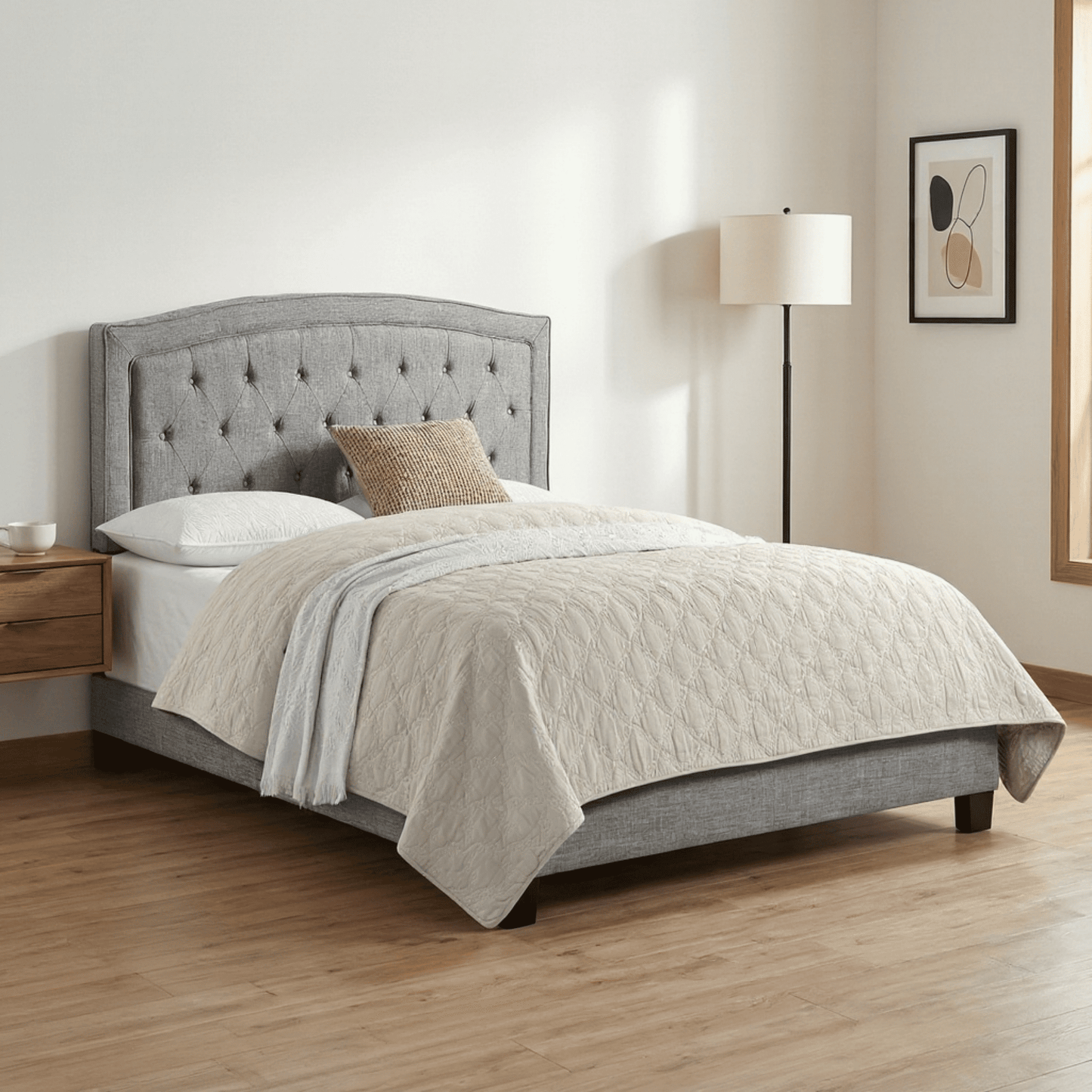 BSHTI Beige Linen Upholstered Queen Size Bed, Adjustable Height Headboard, Platform Bed Frame with Solid Wood Construction, Box Spring Needed